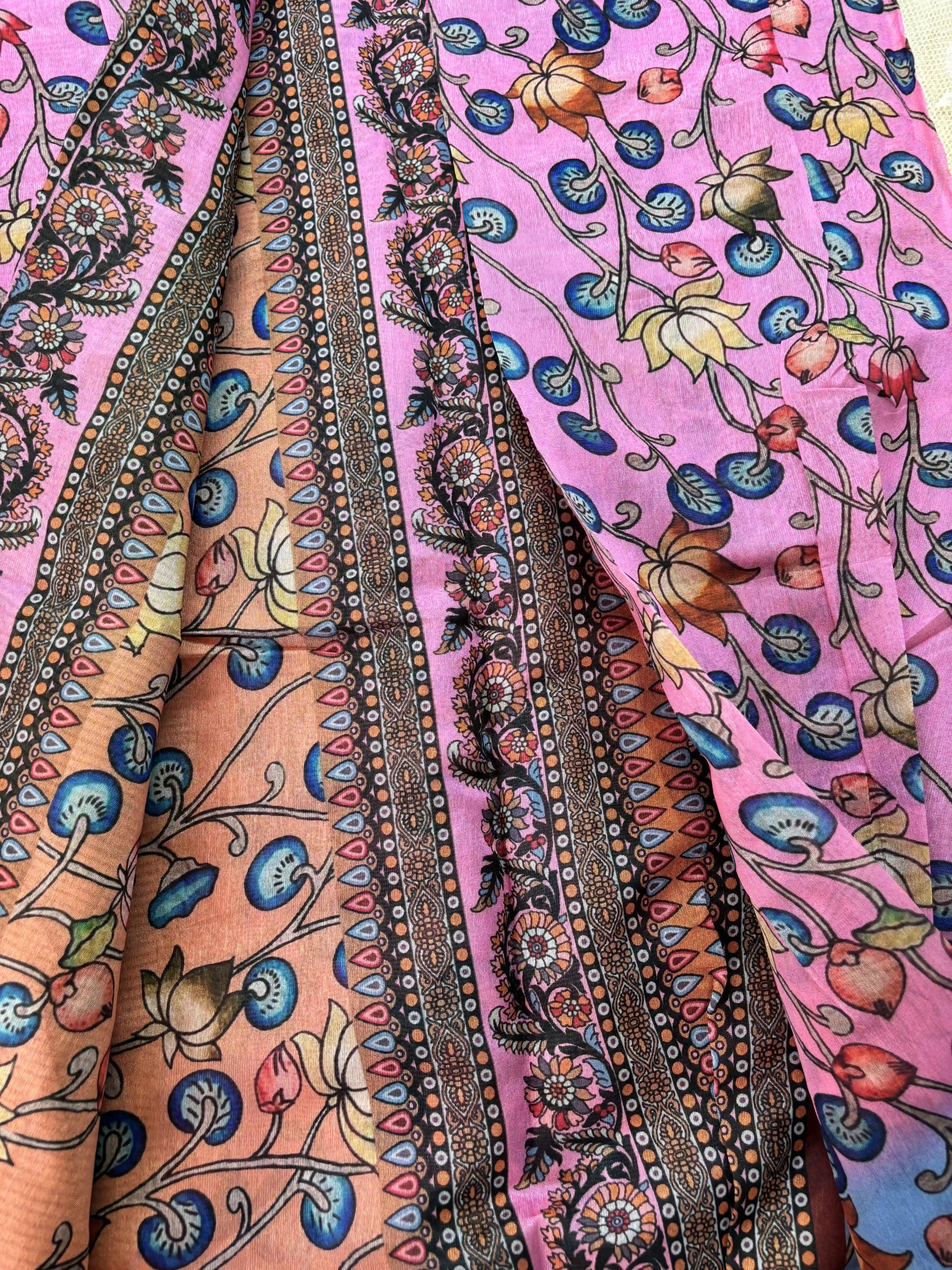 Pink and Blue Cotton Silk with Pichwai Print and Peach Border