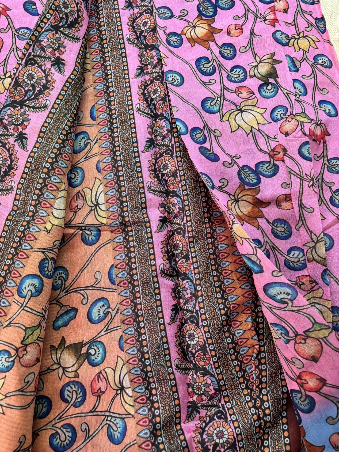 Pink and Blue Cotton Silk with Pichwai Print and Peach Border