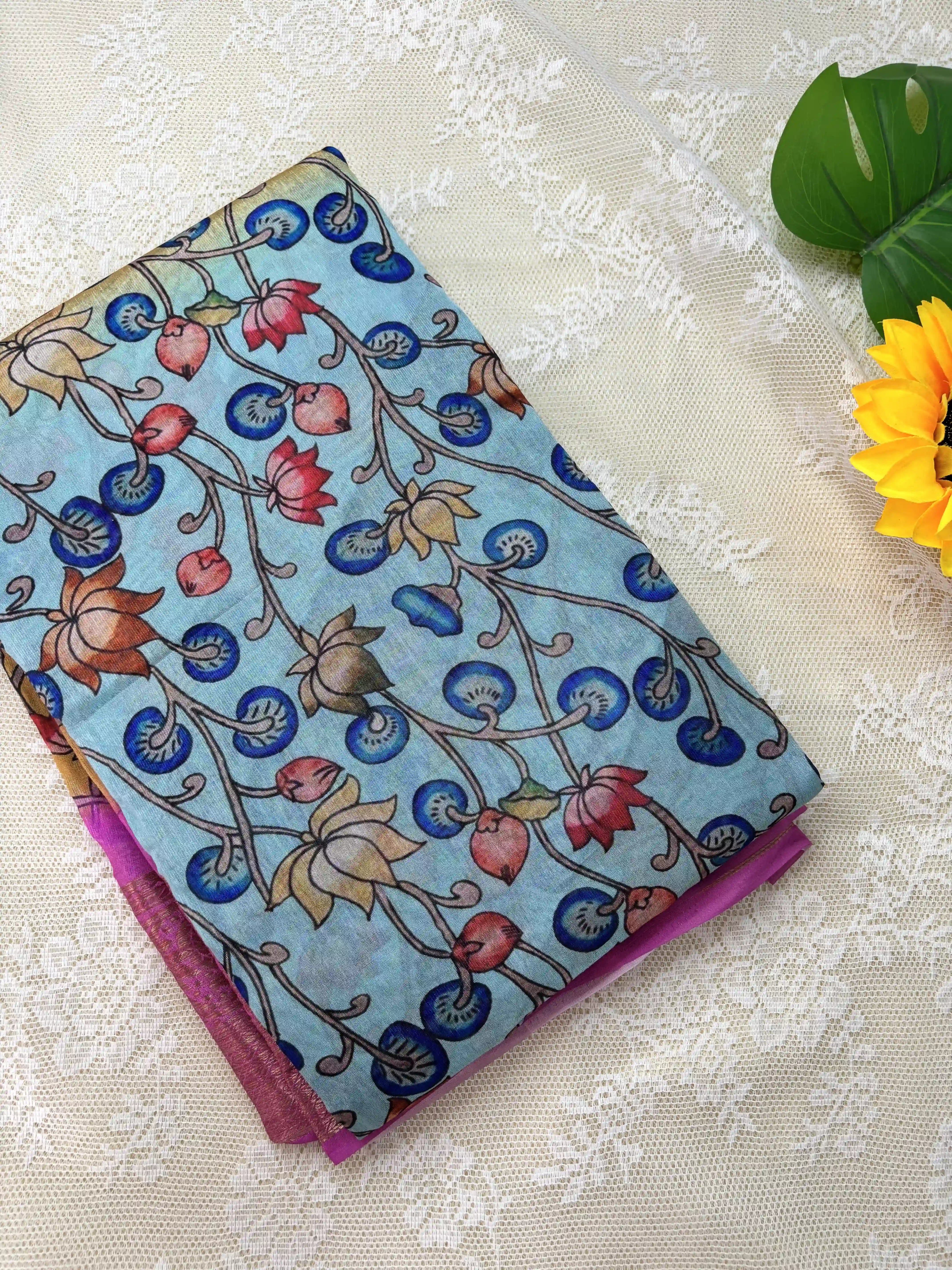 Blue and Mustard Yellow Cotton Silk with Pichwai Print and Pink Border