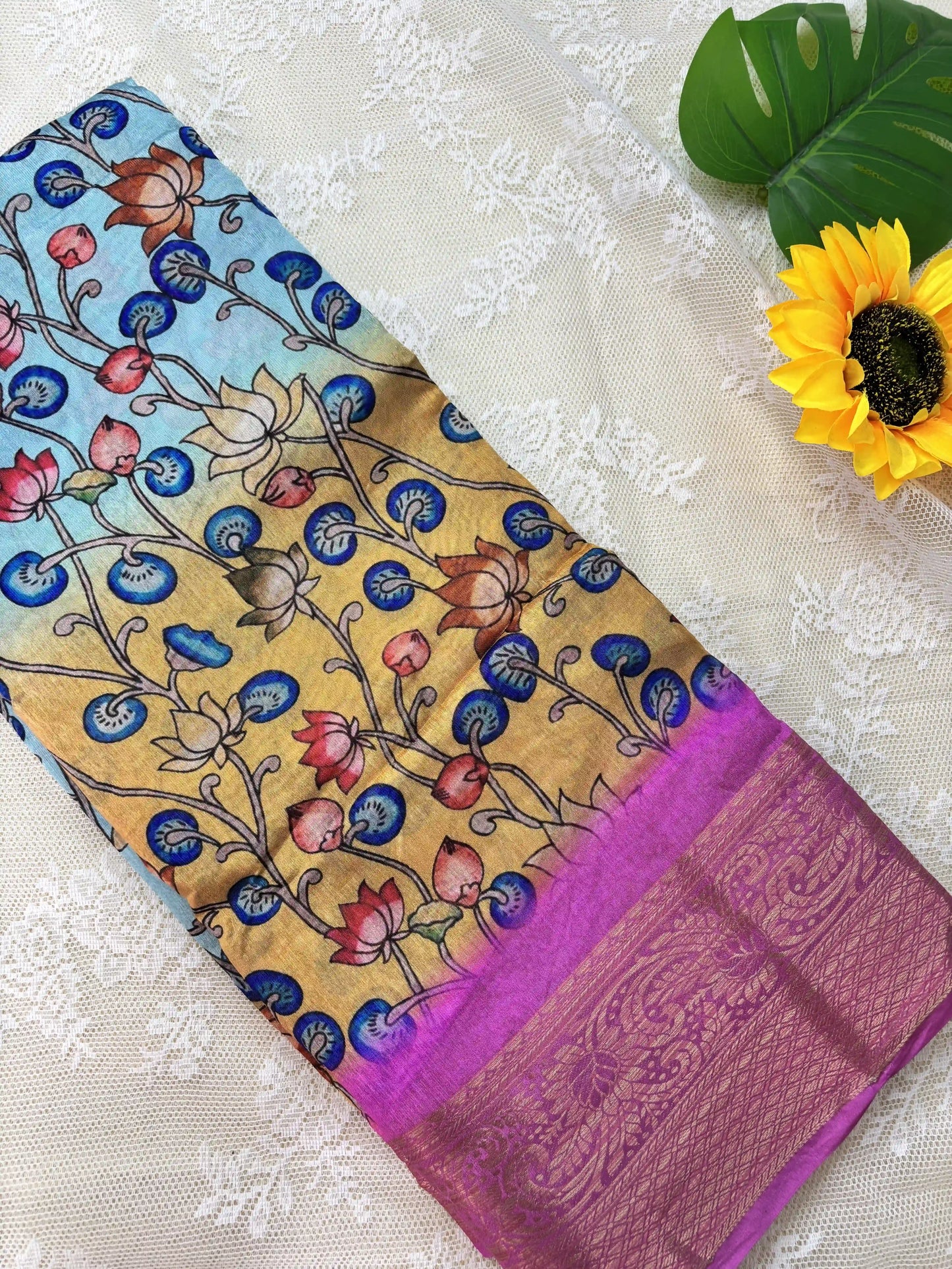 Blue and Mustard Yellow Cotton Silk with Pichwai Print and Pink Border