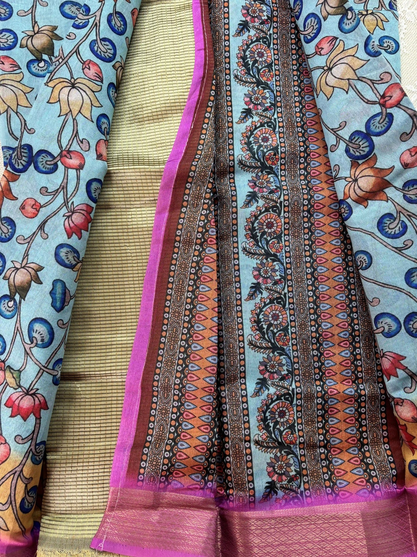 Blue and Mustard Yellow Cotton Silk with Pichwai Print and Pink Border