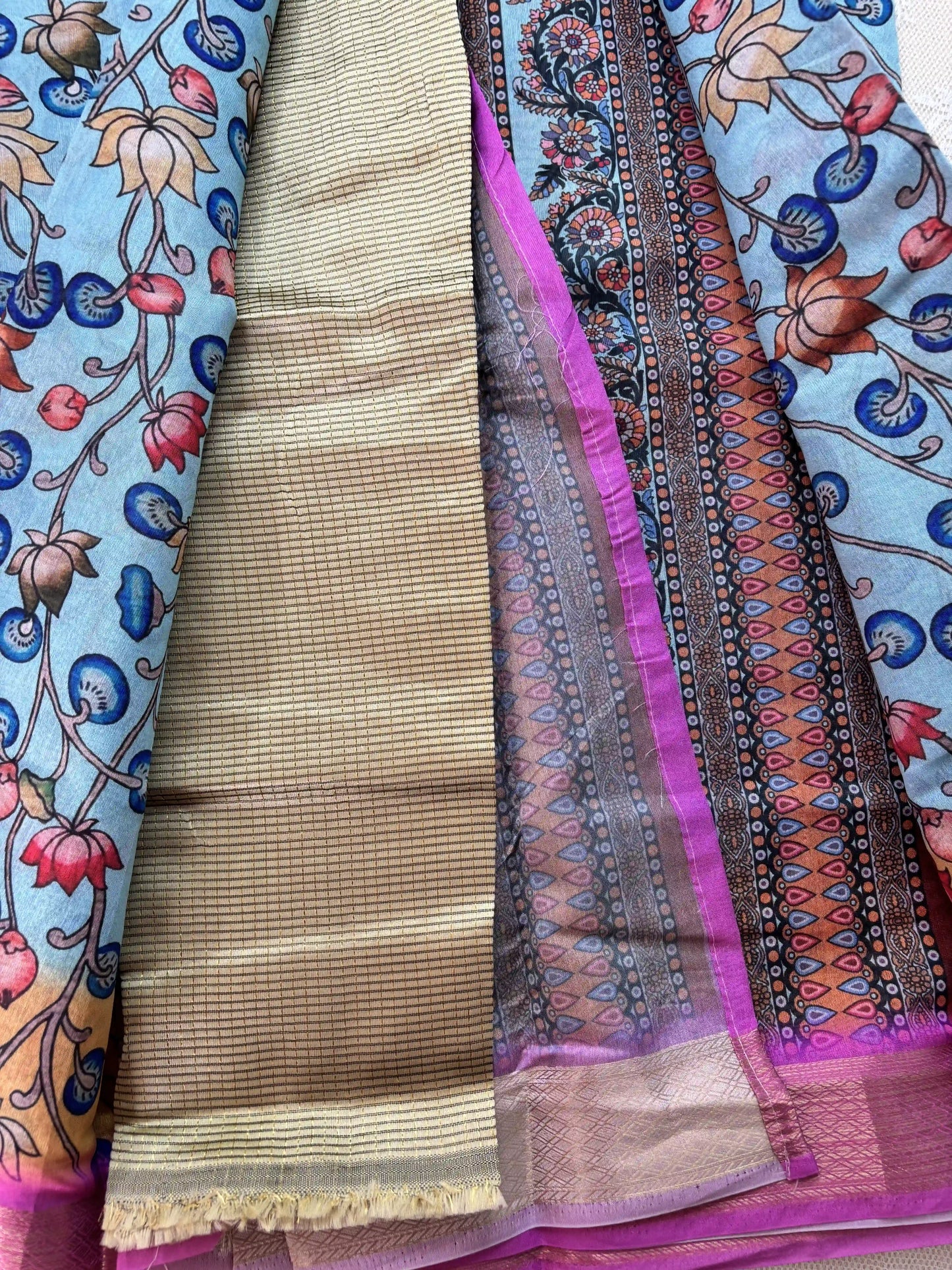 Blue and Mustard Yellow Cotton Silk with Pichwai Print and Pink Border