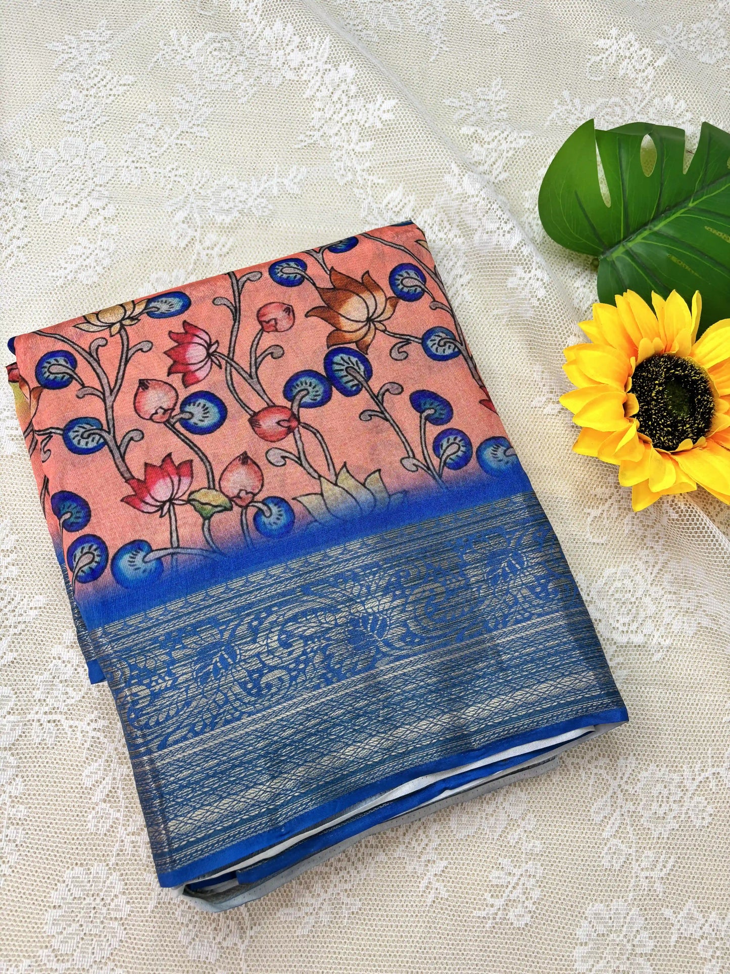 Green and Peach Cotton Silk with Pichwai Print and Blue Border