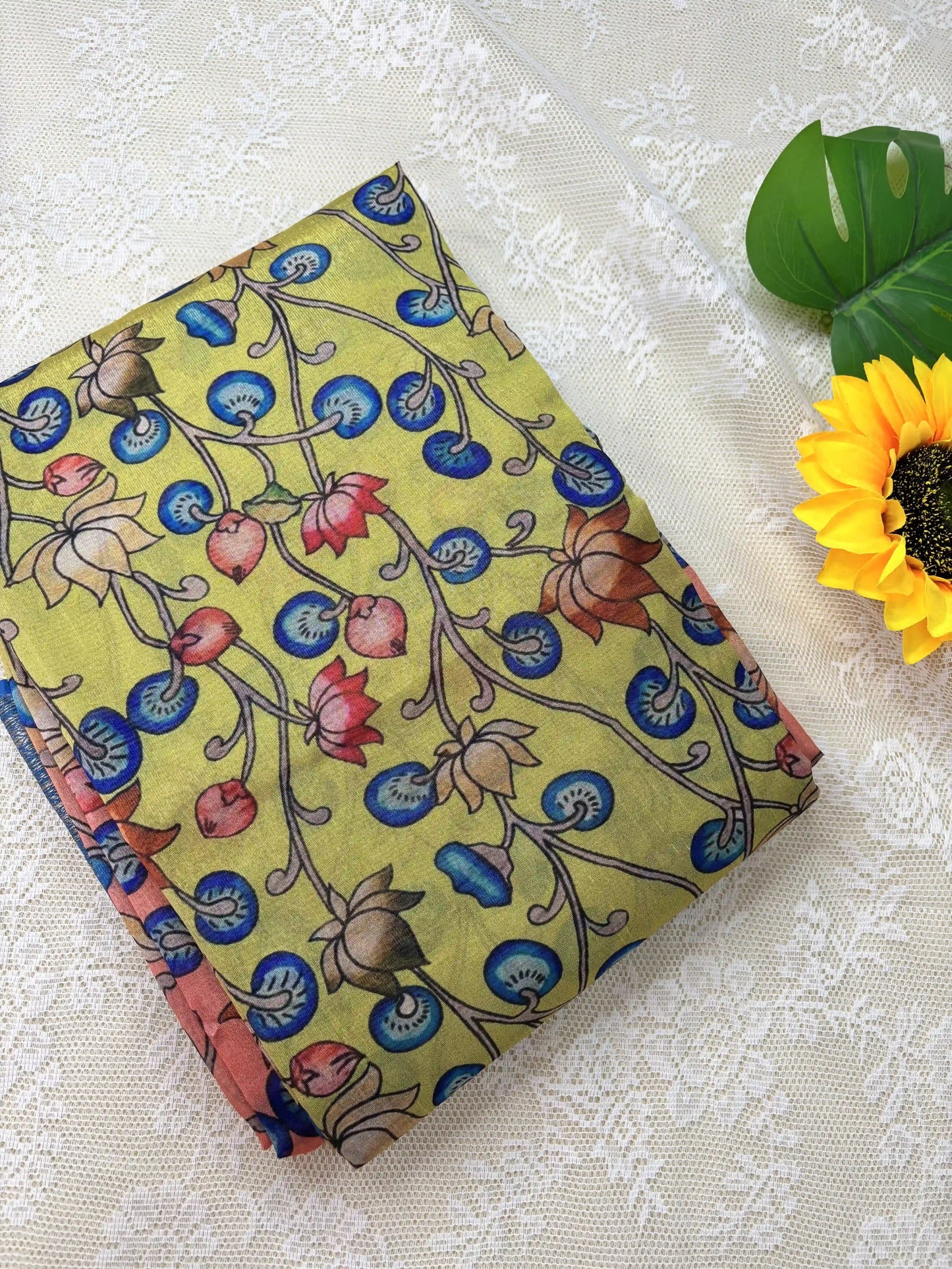 Green and Peach Cotton Silk with Pichwai Print and Blue Border