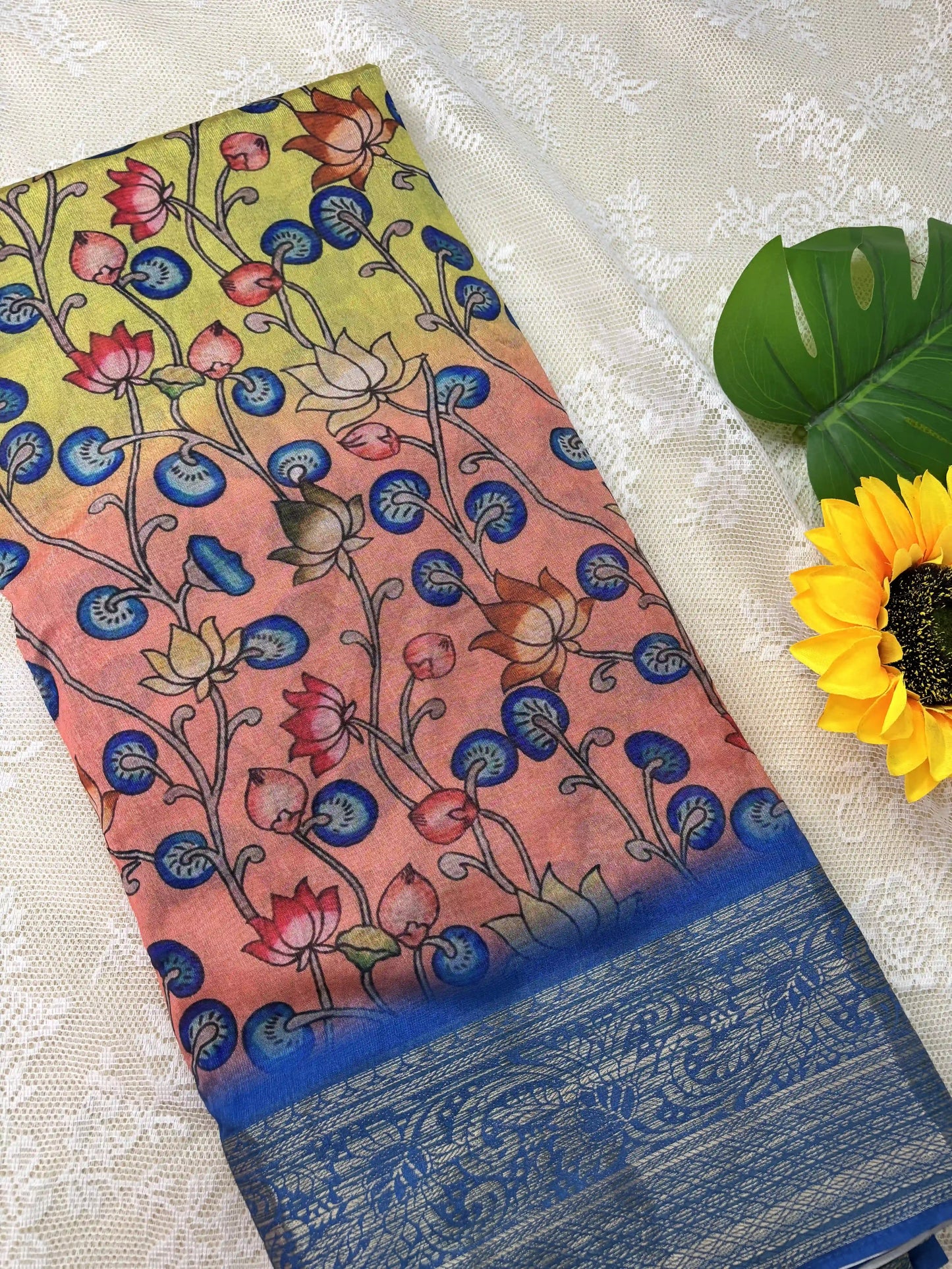 Green and Peach Cotton Silk with Pichwai Print and Blue Border