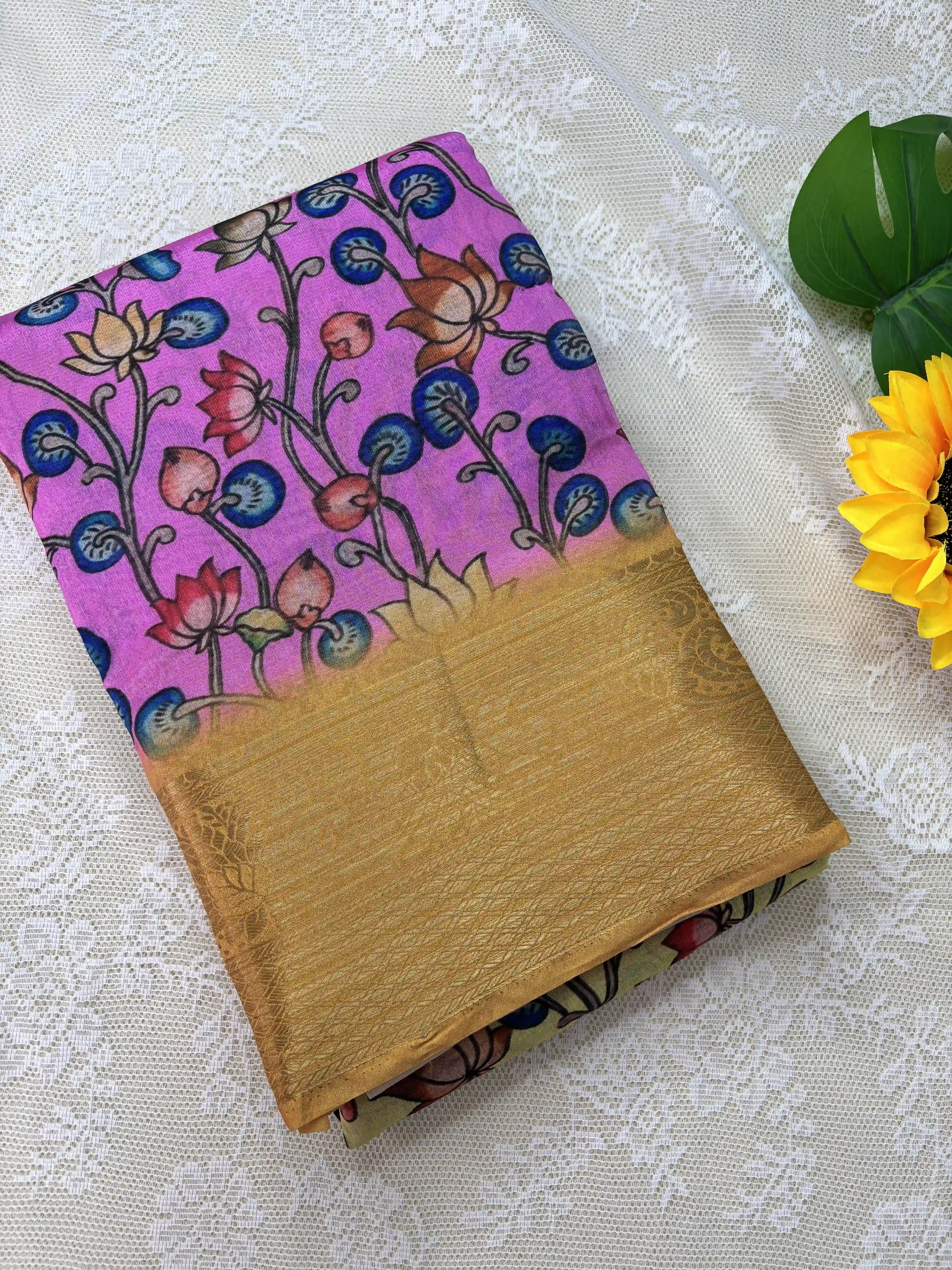 Lime Yellow and Pink Cotton Silk with Pichwai Print and Mustard Yellow Border