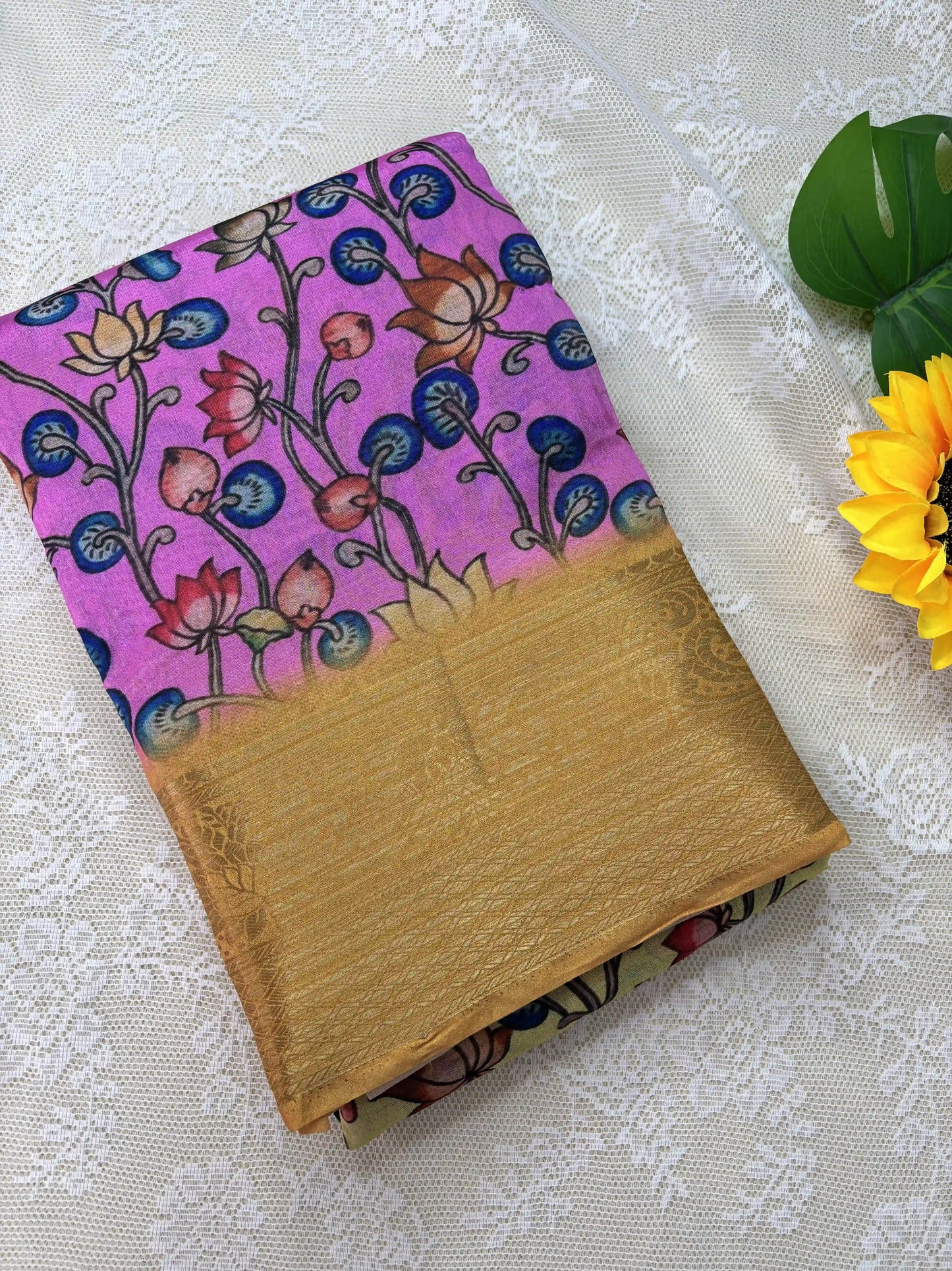 Lime Yellow and Pink Cotton Silk with Pichwai Print and Mustard Yellow Border
