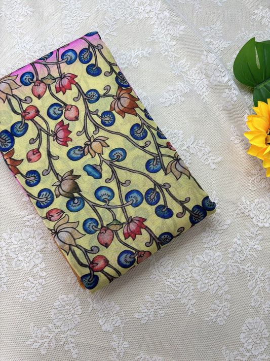 Lime Yellow and Pink Cotton Silk with Pichwai Print and Mustard Yellow Border