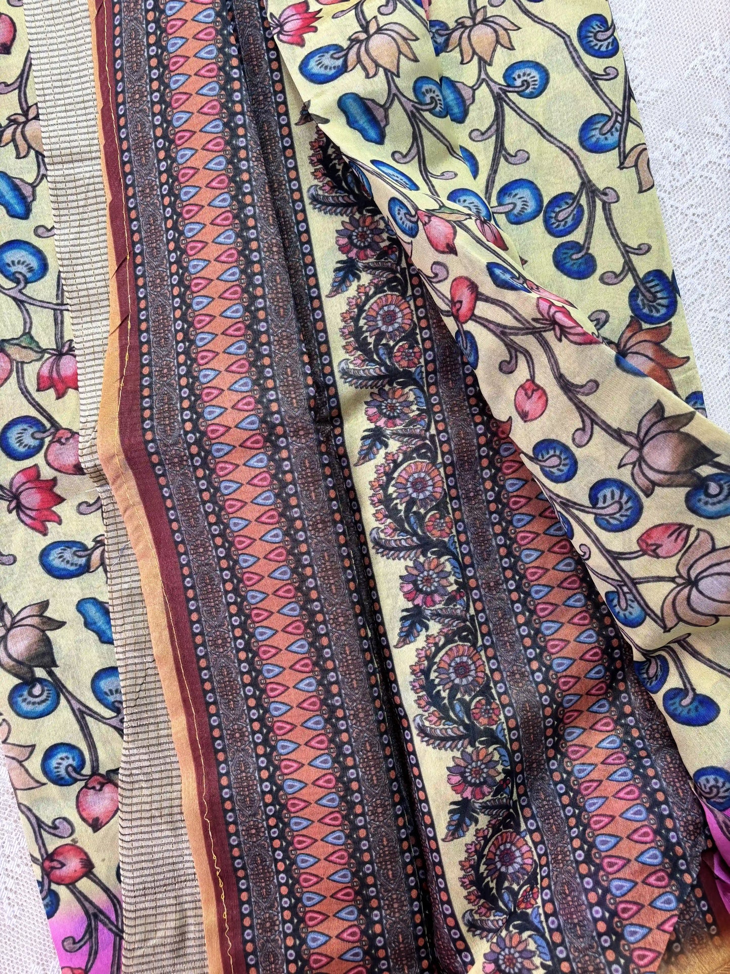 Lime Yellow and Pink Cotton Silk with Pichwai Print and Mustard Yellow Border