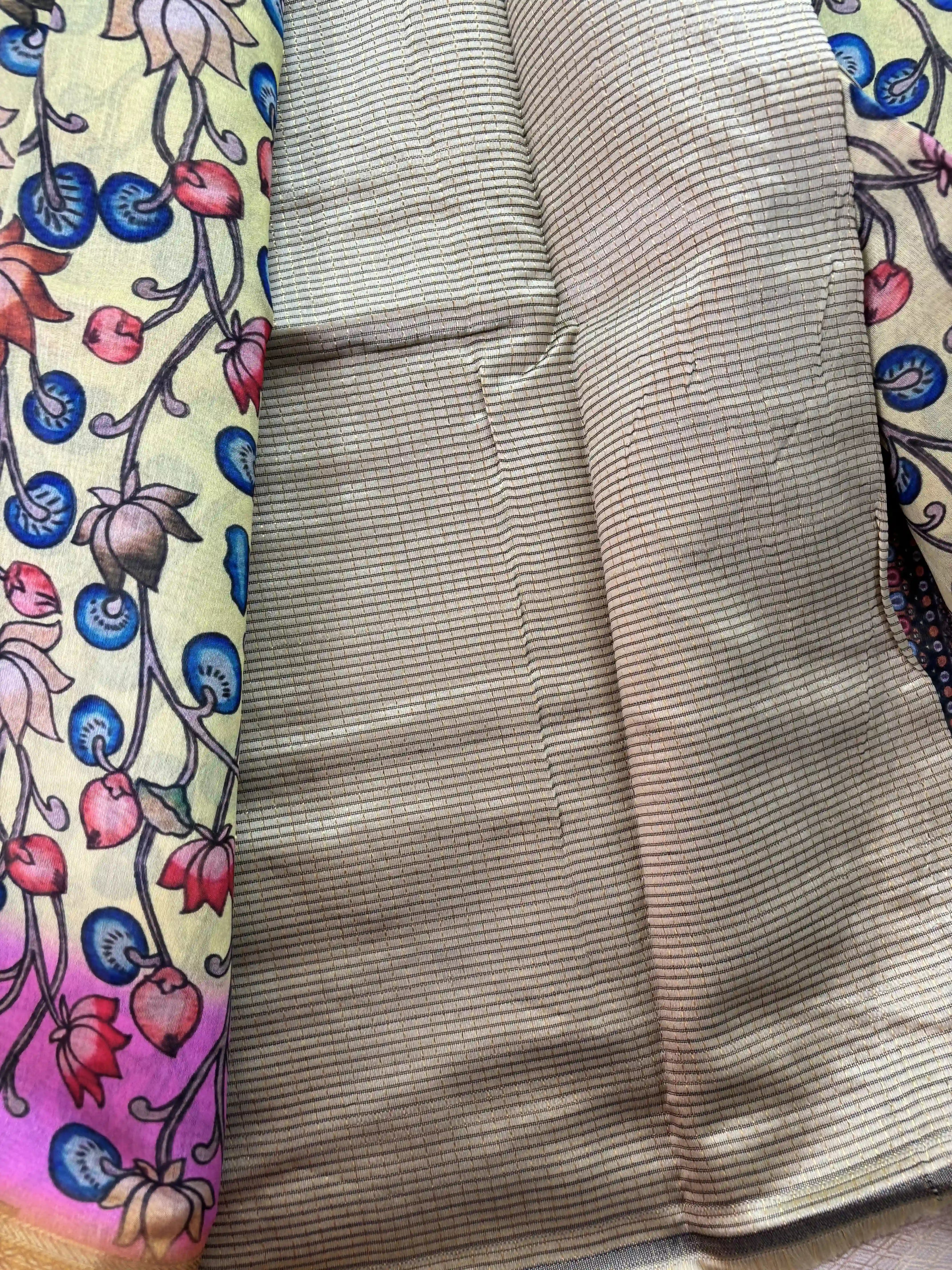 Lime Yellow and Pink Cotton Silk with Pichwai Print and Mustard Yellow Border