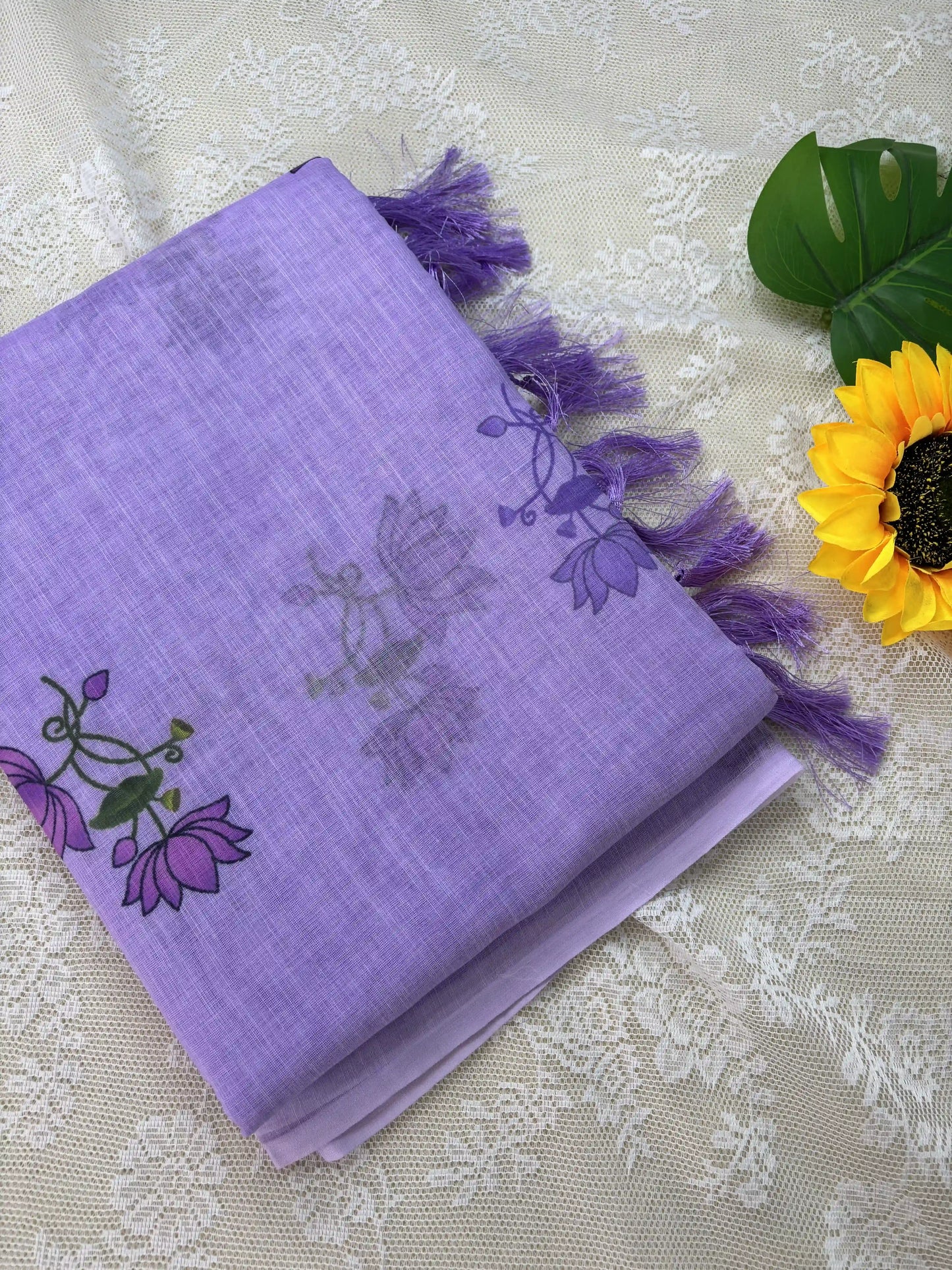 Lavendar Linen Cotton Saree with Pichwai print