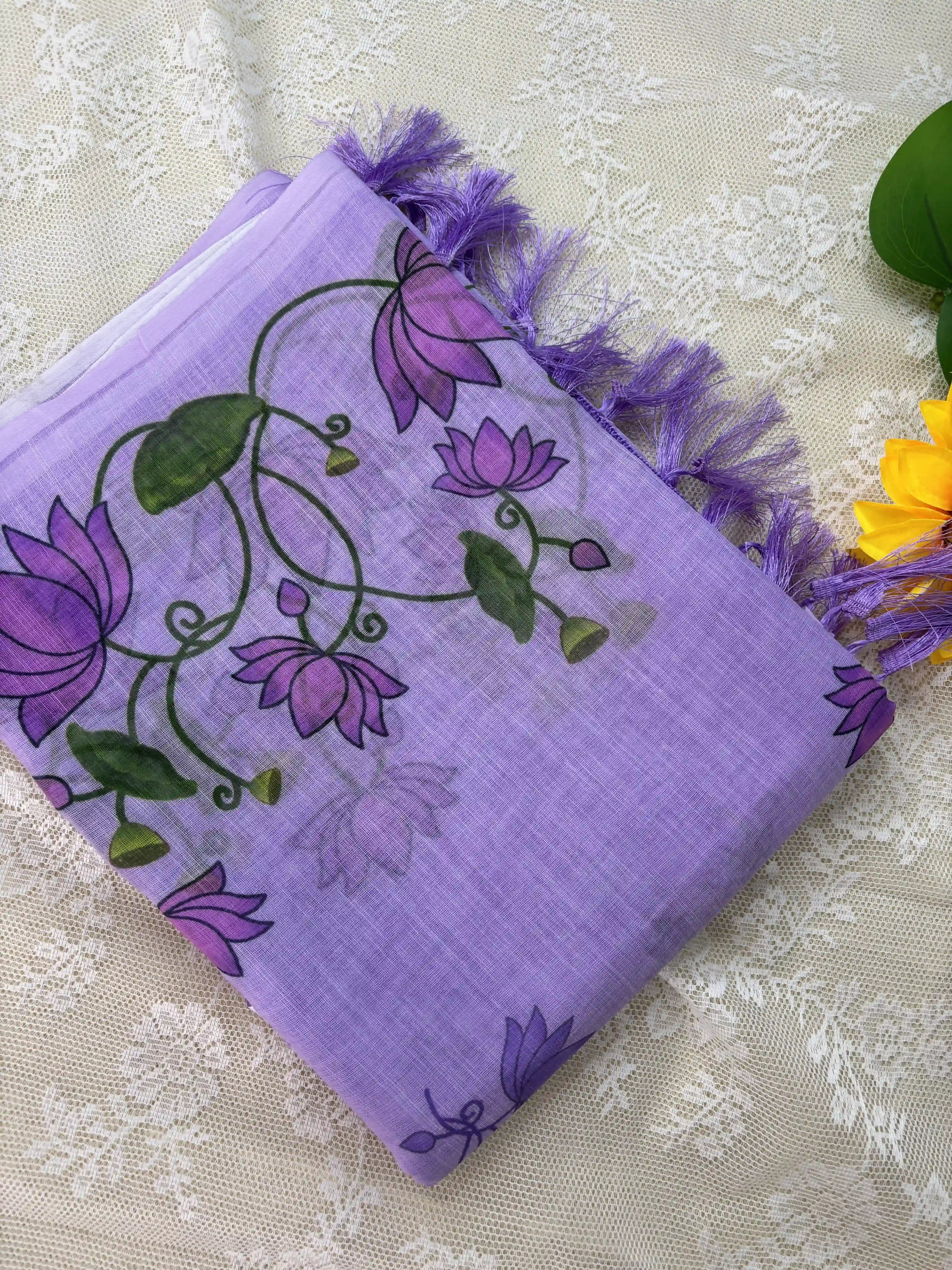 Lavendar Linen Cotton Saree with Pichwai print