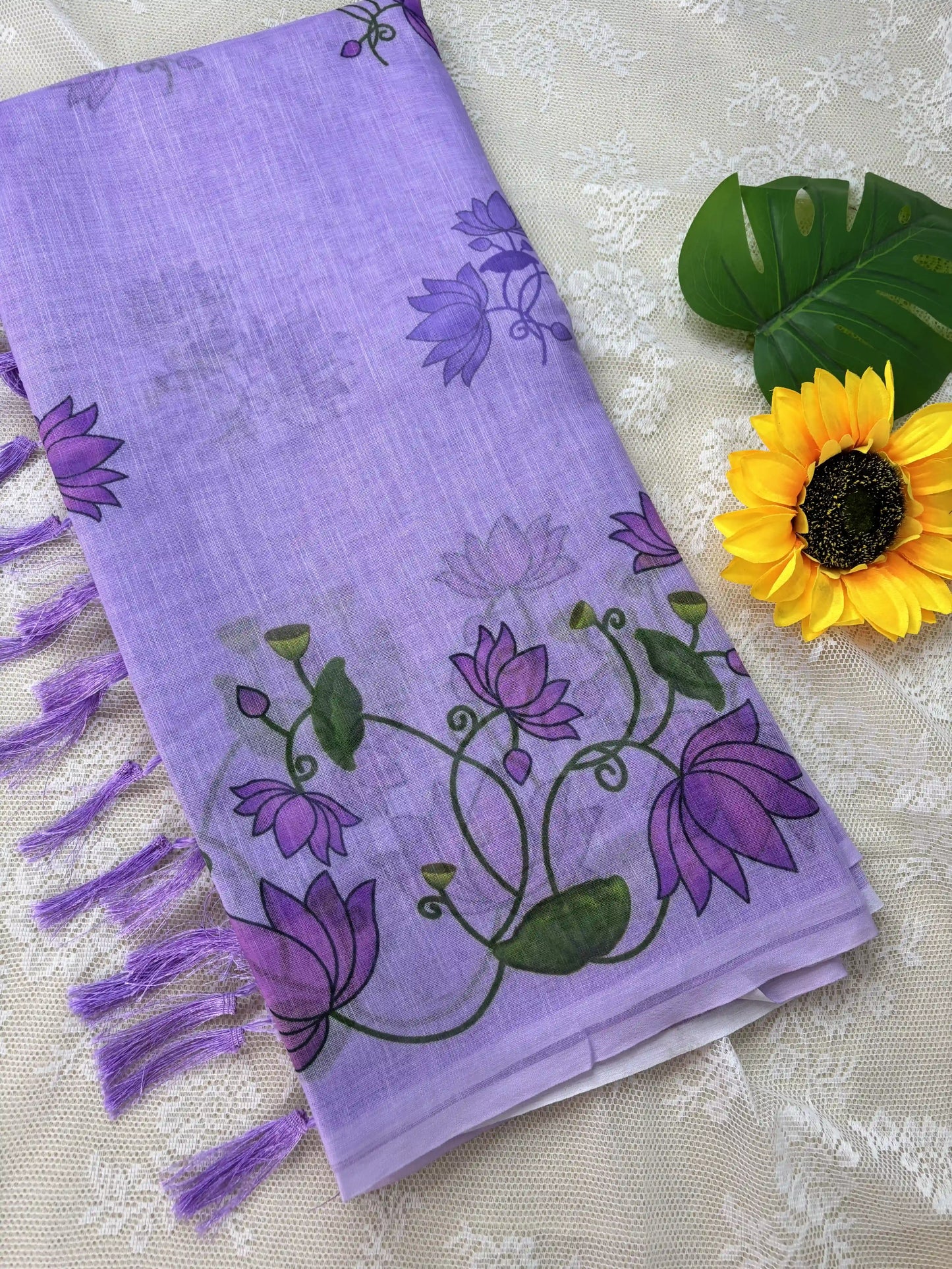 Lavendar Linen Cotton Saree with Pichwai print