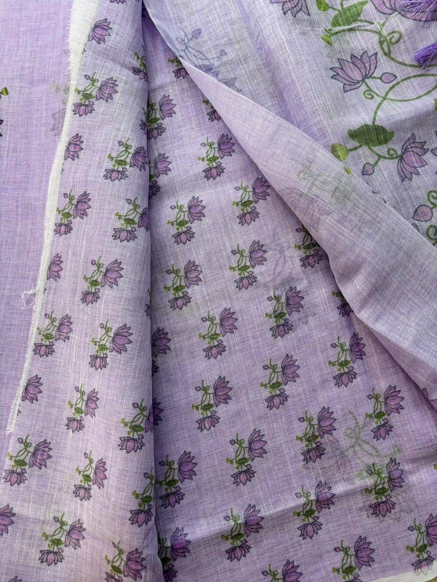 Lavendar Linen Cotton Saree with Pichwai print