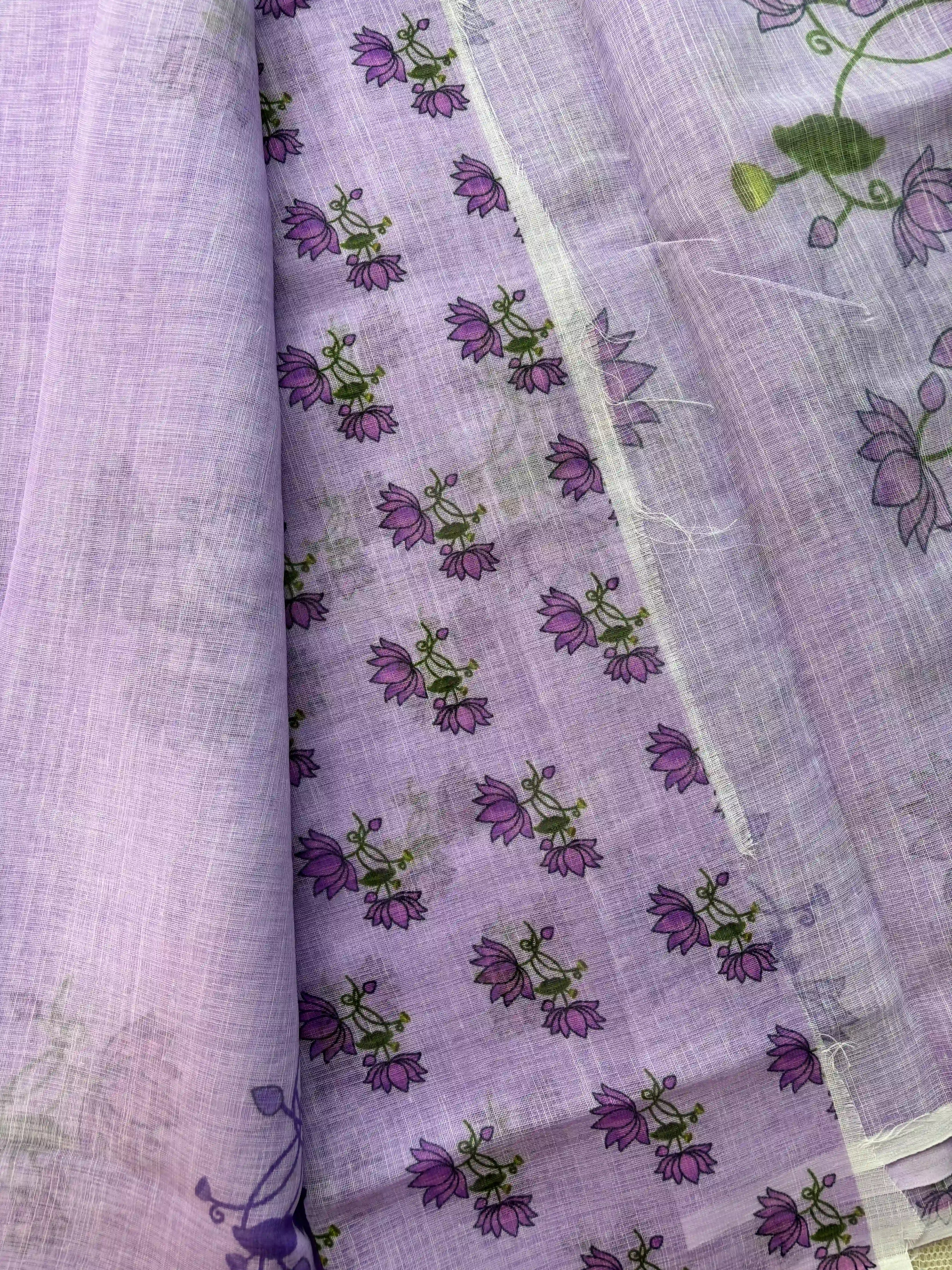 Lavendar Linen Cotton Saree with Pichwai print