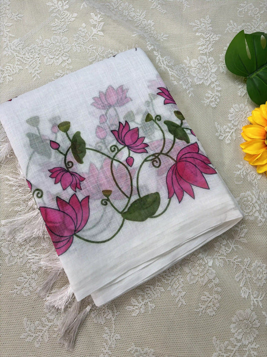 White Linen Cotton Saree with Pichwai print