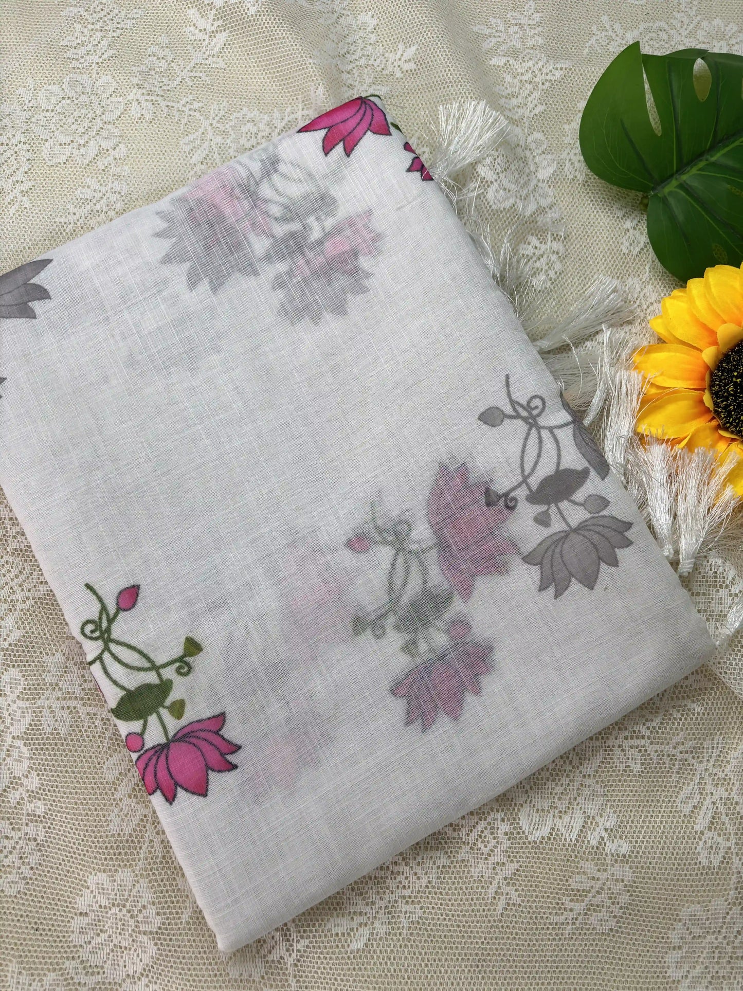 White Linen Cotton Saree with Pichwai print