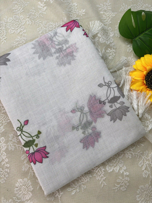 White Linen Cotton Saree with Pichwai print