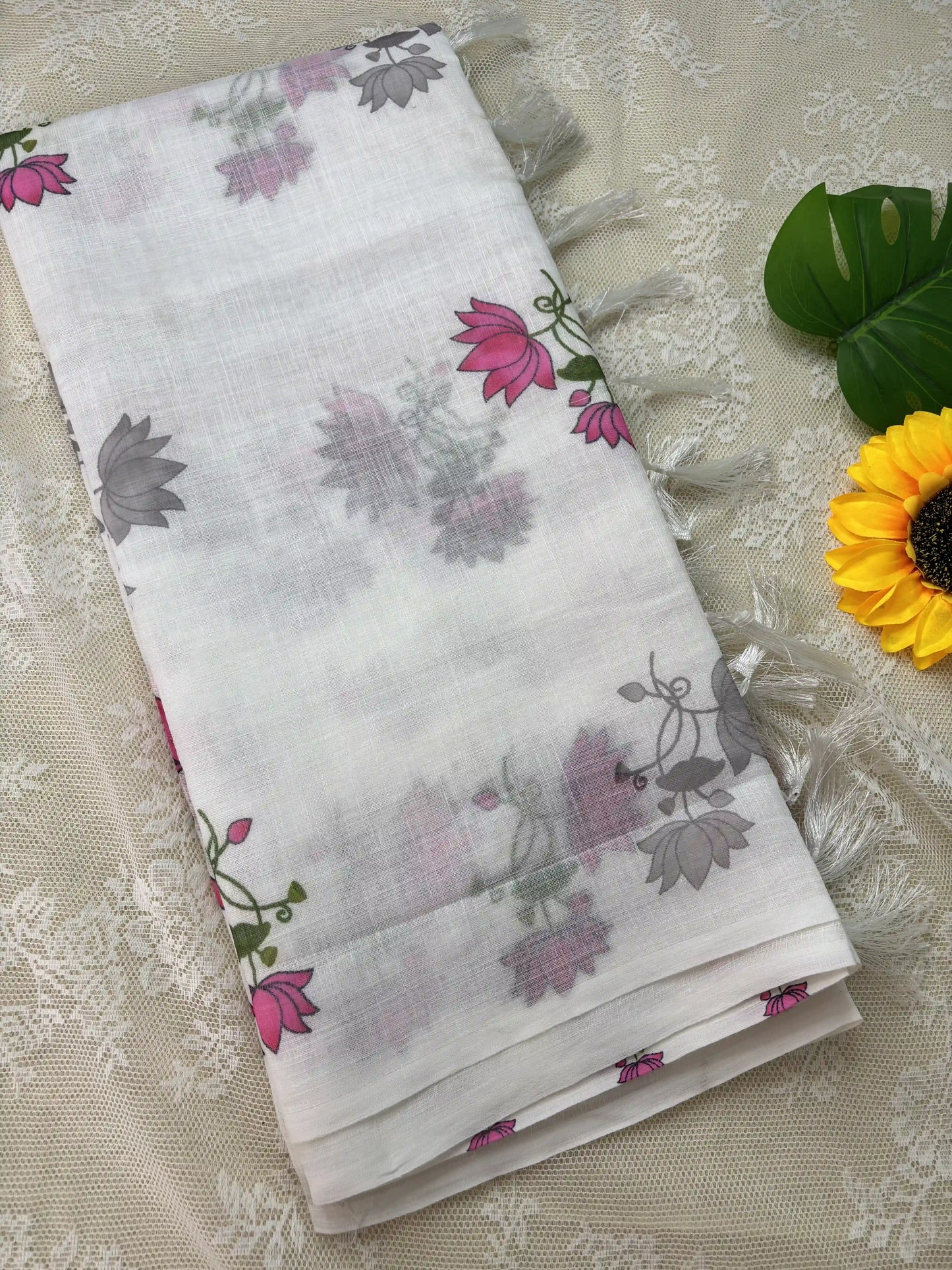 White Linen Cotton Saree with Pichwai print