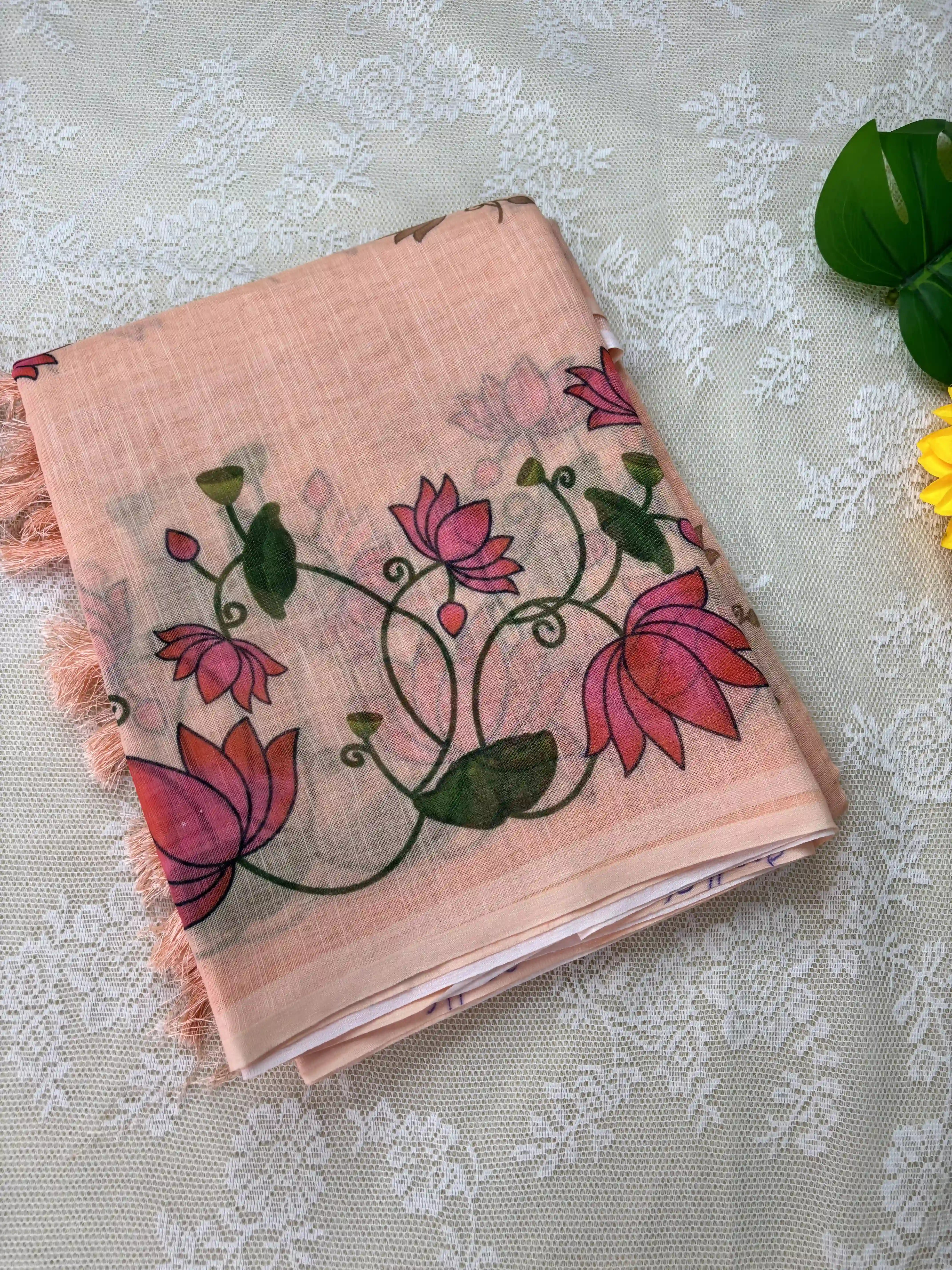 Orange Linen Cotton Saree with Pichwai print