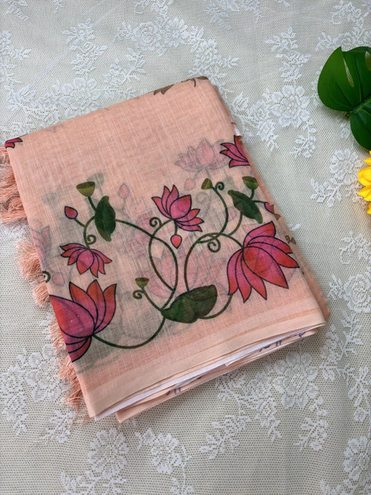 Orange Linen Cotton Saree with Pichwai print