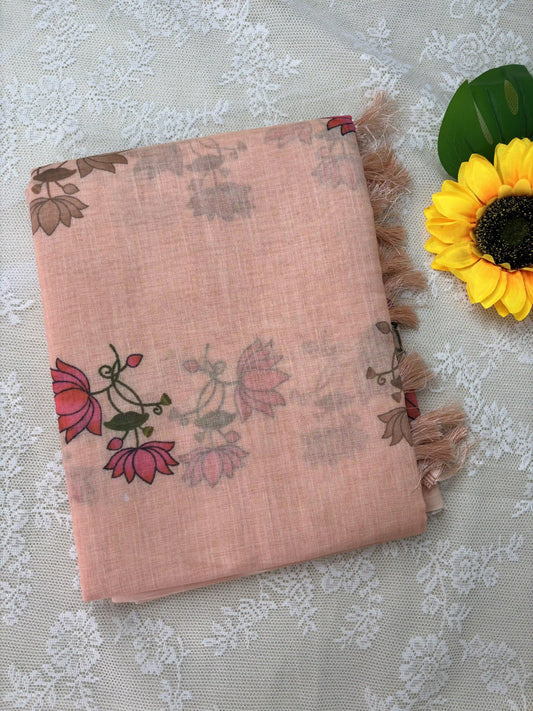 Orange Linen Cotton Saree with Pichwai print