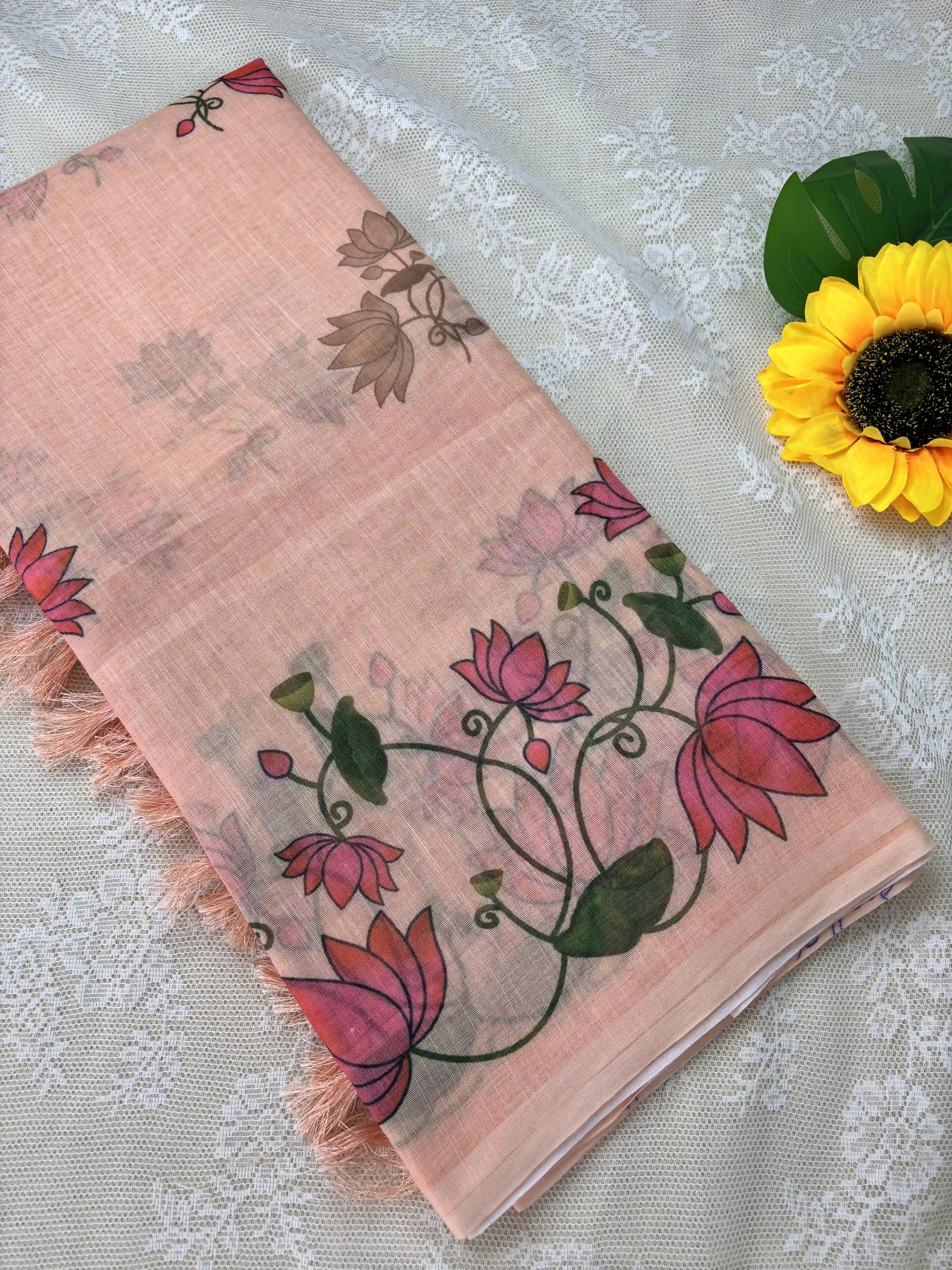 Orange Linen Cotton Saree with Pichwai print