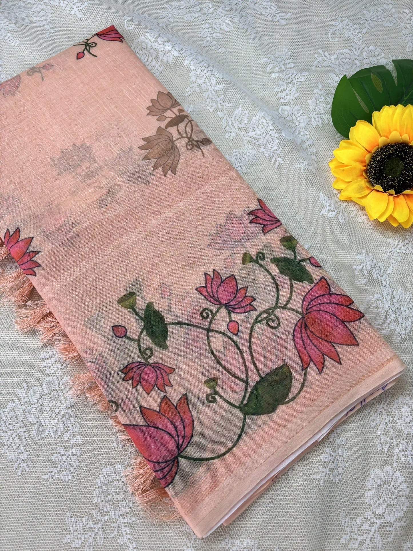 Orange Linen Cotton Saree with Pichwai print