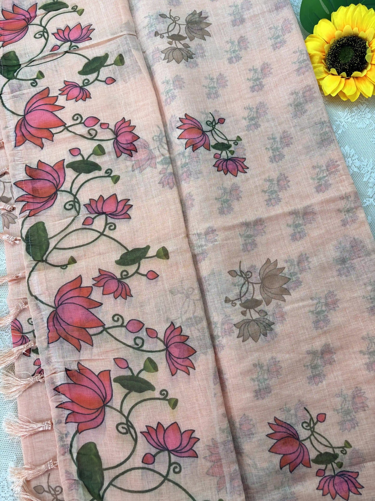 Orange Linen Cotton Saree with Pichwai print