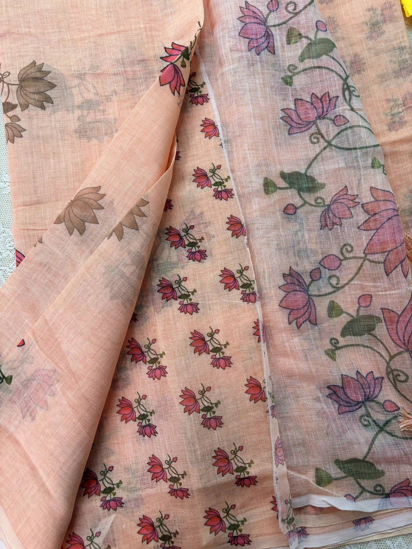 Orange Linen Cotton Saree with Pichwai print