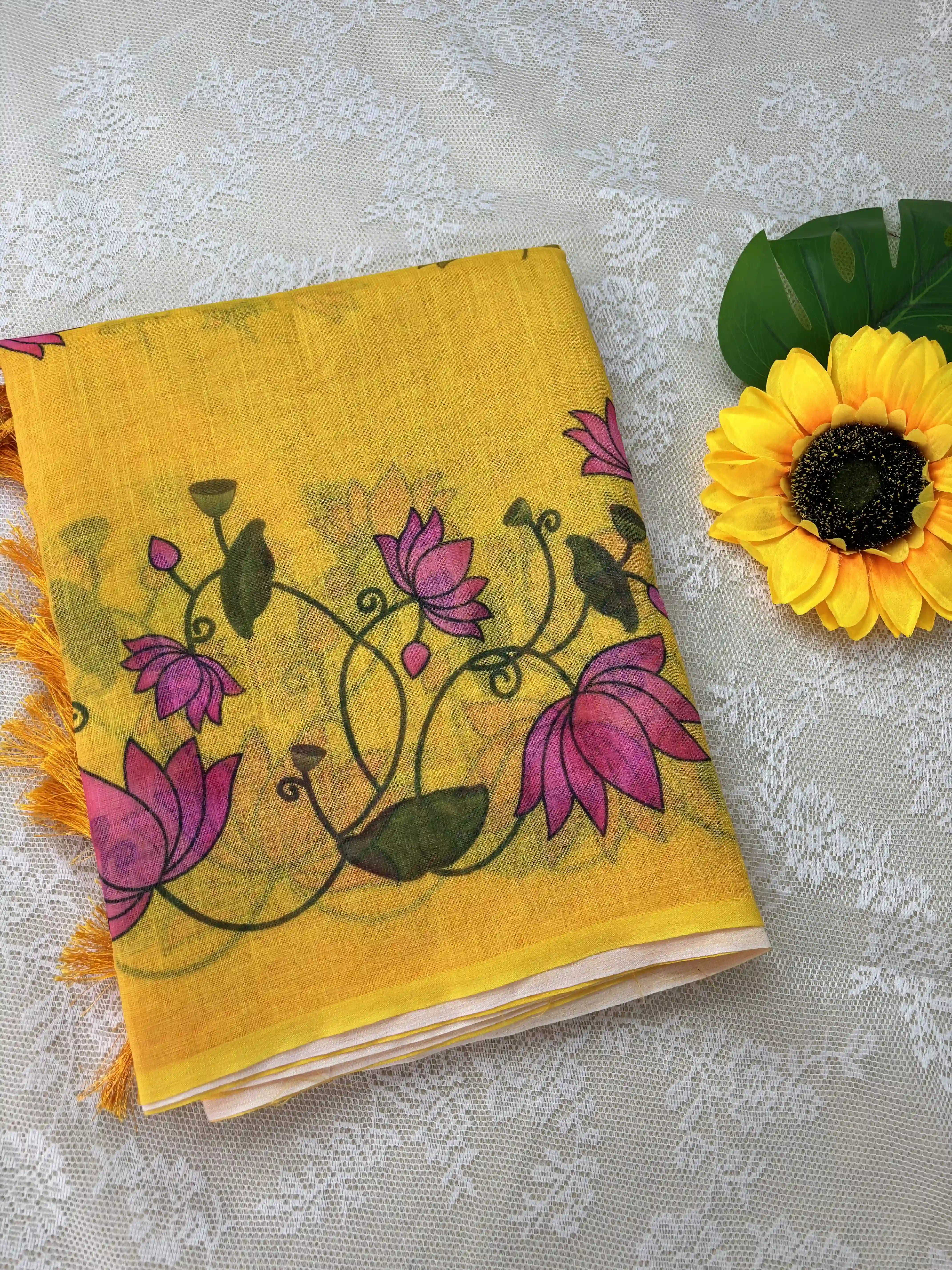Yellow Linen Cotton Saree with Pichwai print