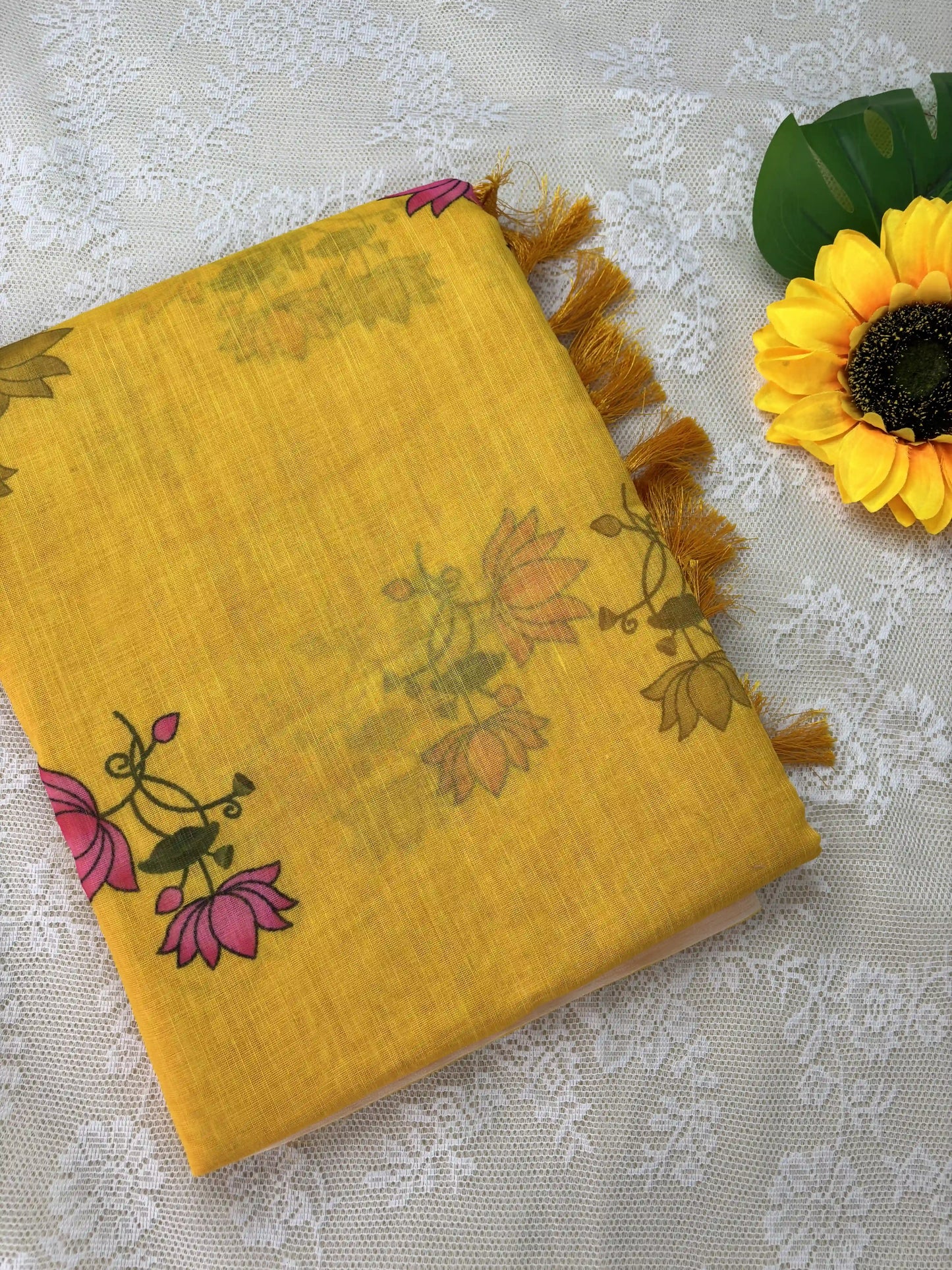 Yellow Linen Cotton Saree with Pichwai print