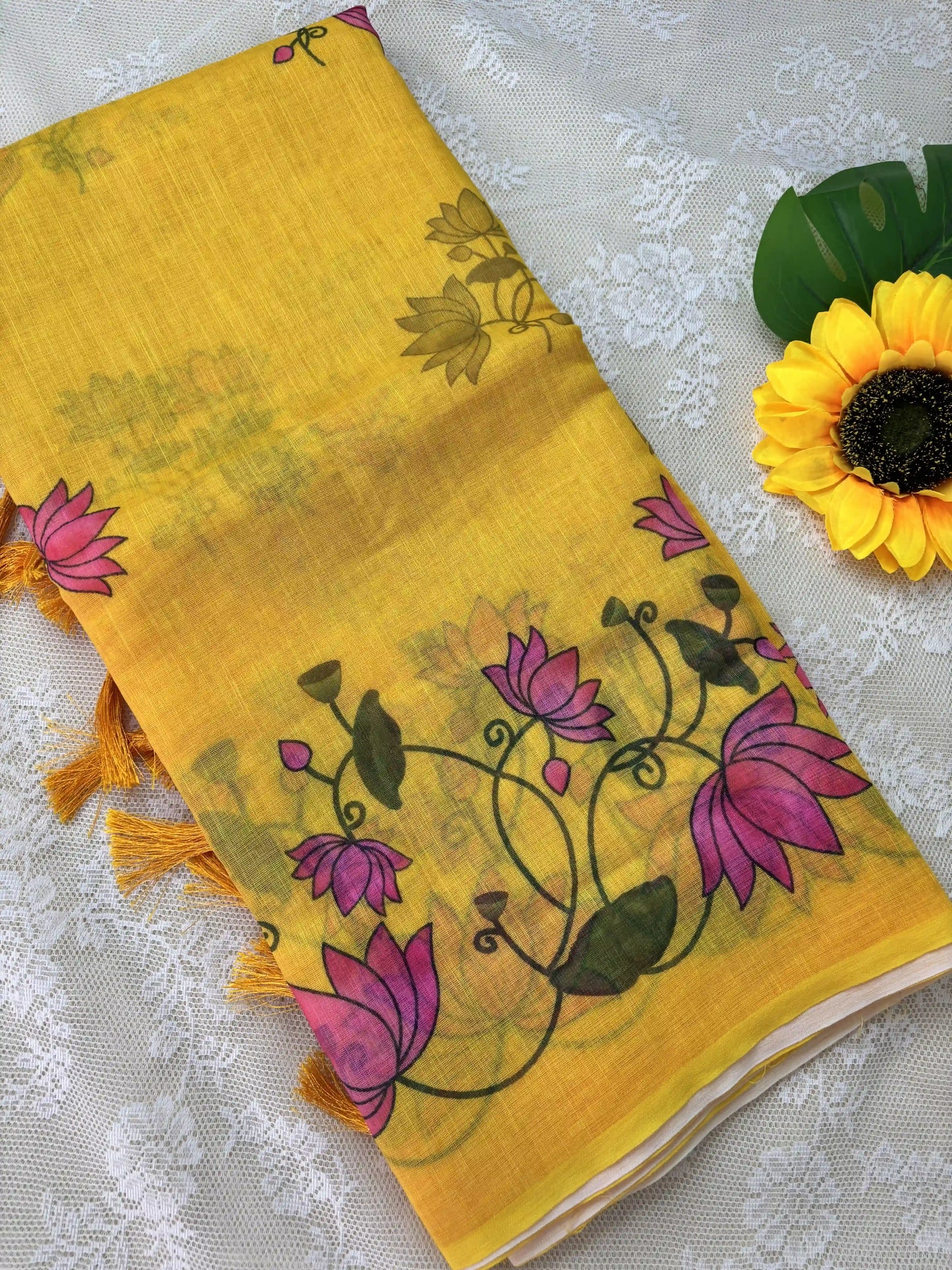 Yellow Linen Cotton Saree with Pichwai print