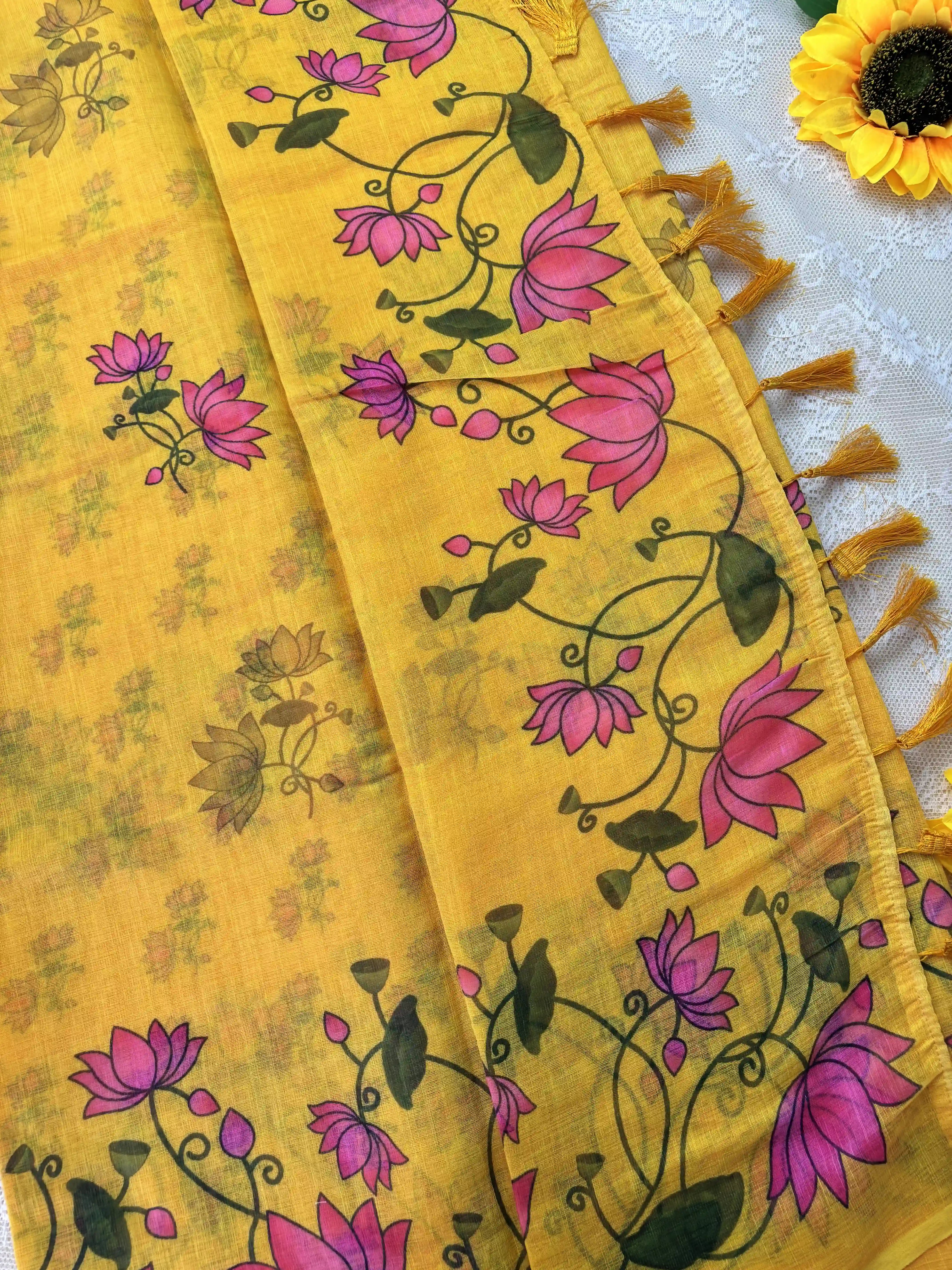 Yellow Linen Cotton Saree with Pichwai print