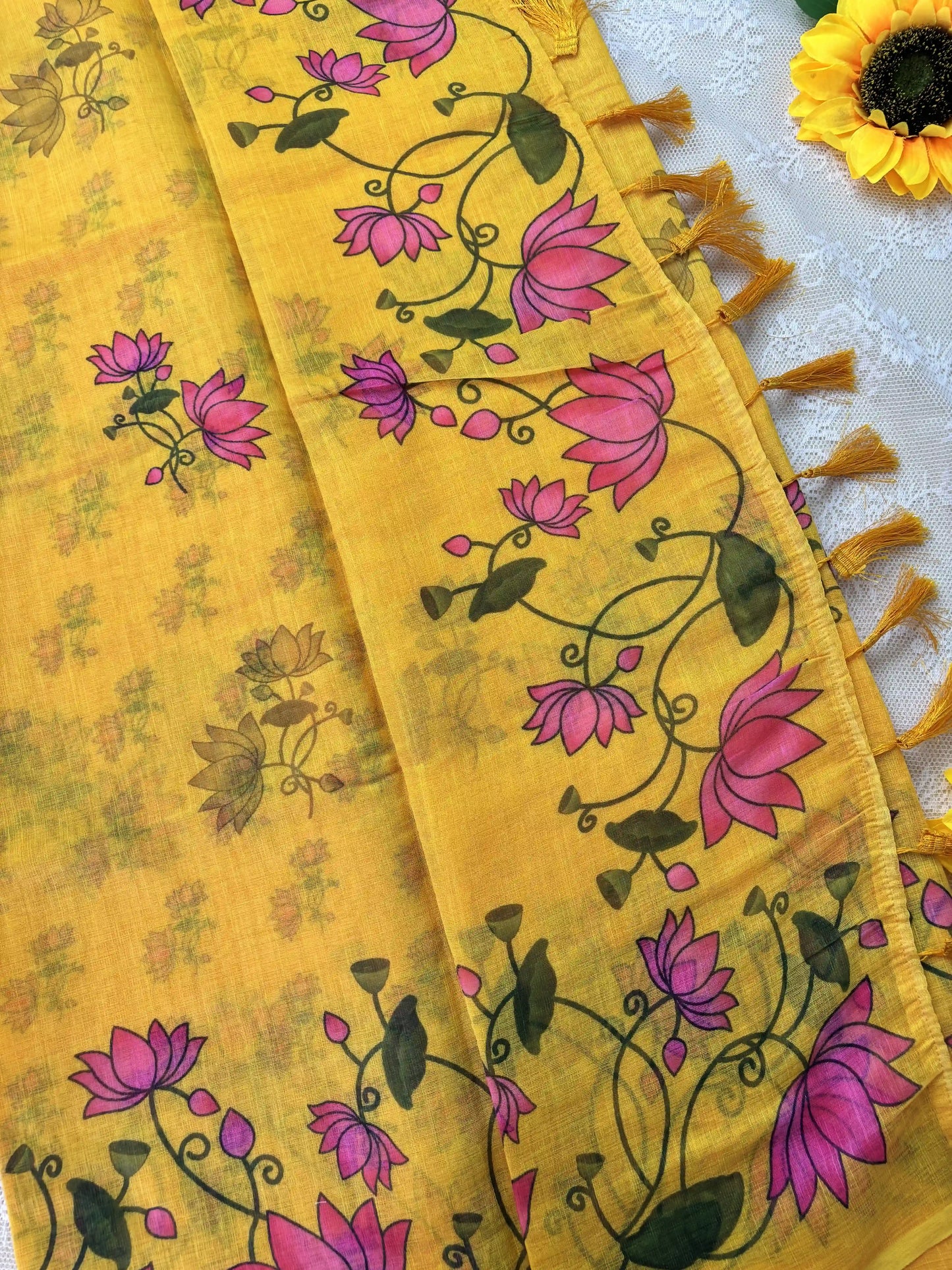 Yellow Linen Cotton Saree with Pichwai print