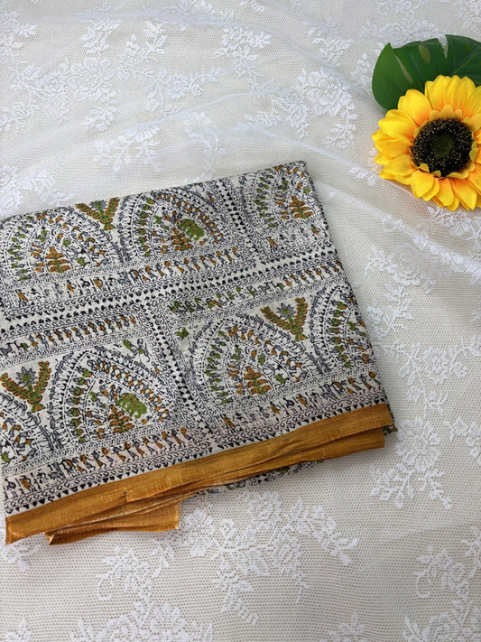 Multicolor Digital Warli Print Khadi Silk and Mustard Yellow Solid color border with square block print pallu