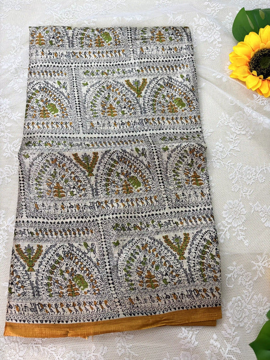 Multicolor Digital Warli Print Khadi Silk and Mustard Yellow Solid color border with square block print pallu