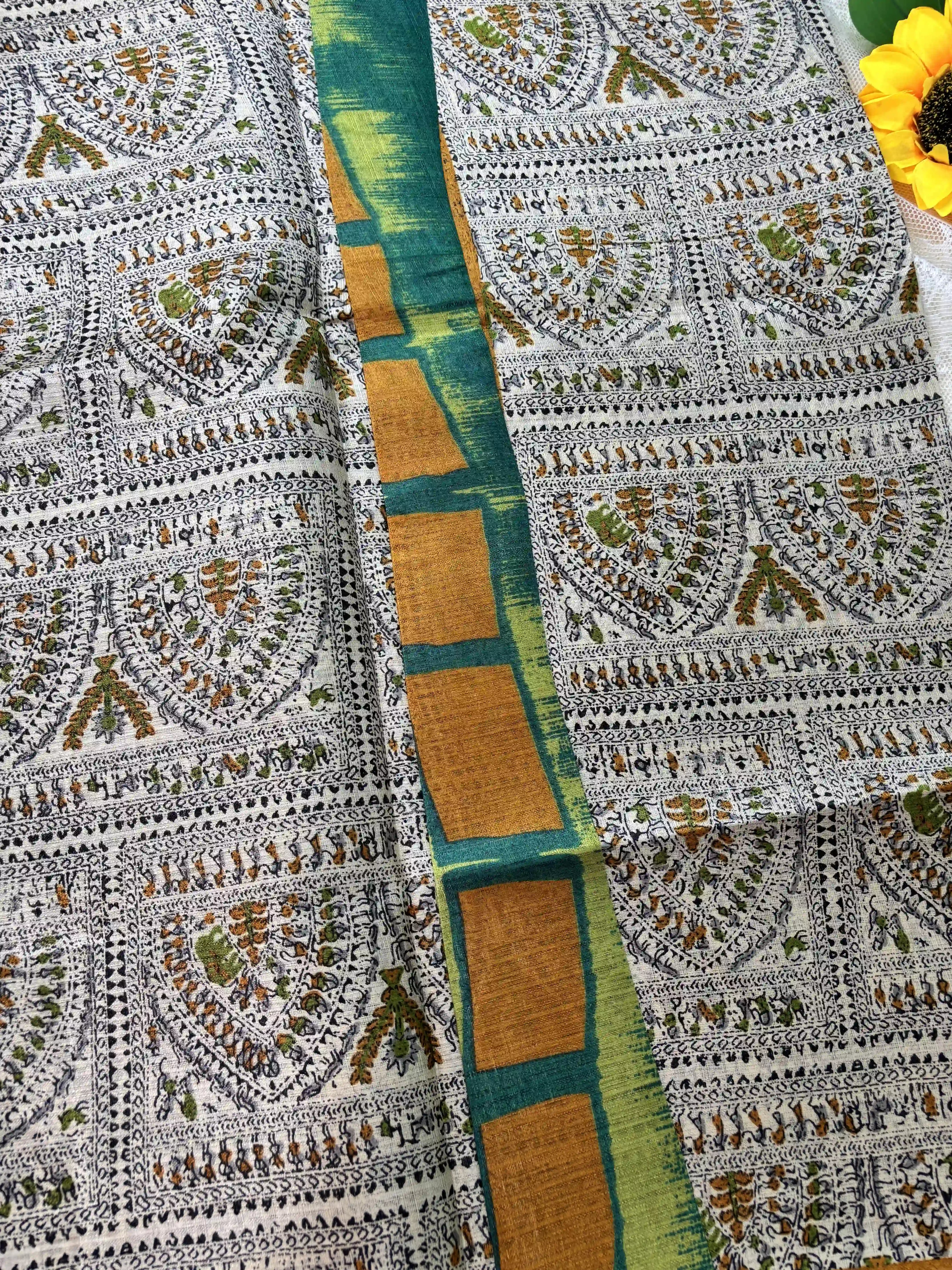 Multicolor Digital Warli Print Khadi Silk and Mustard Yellow Solid color border with square block print pallu