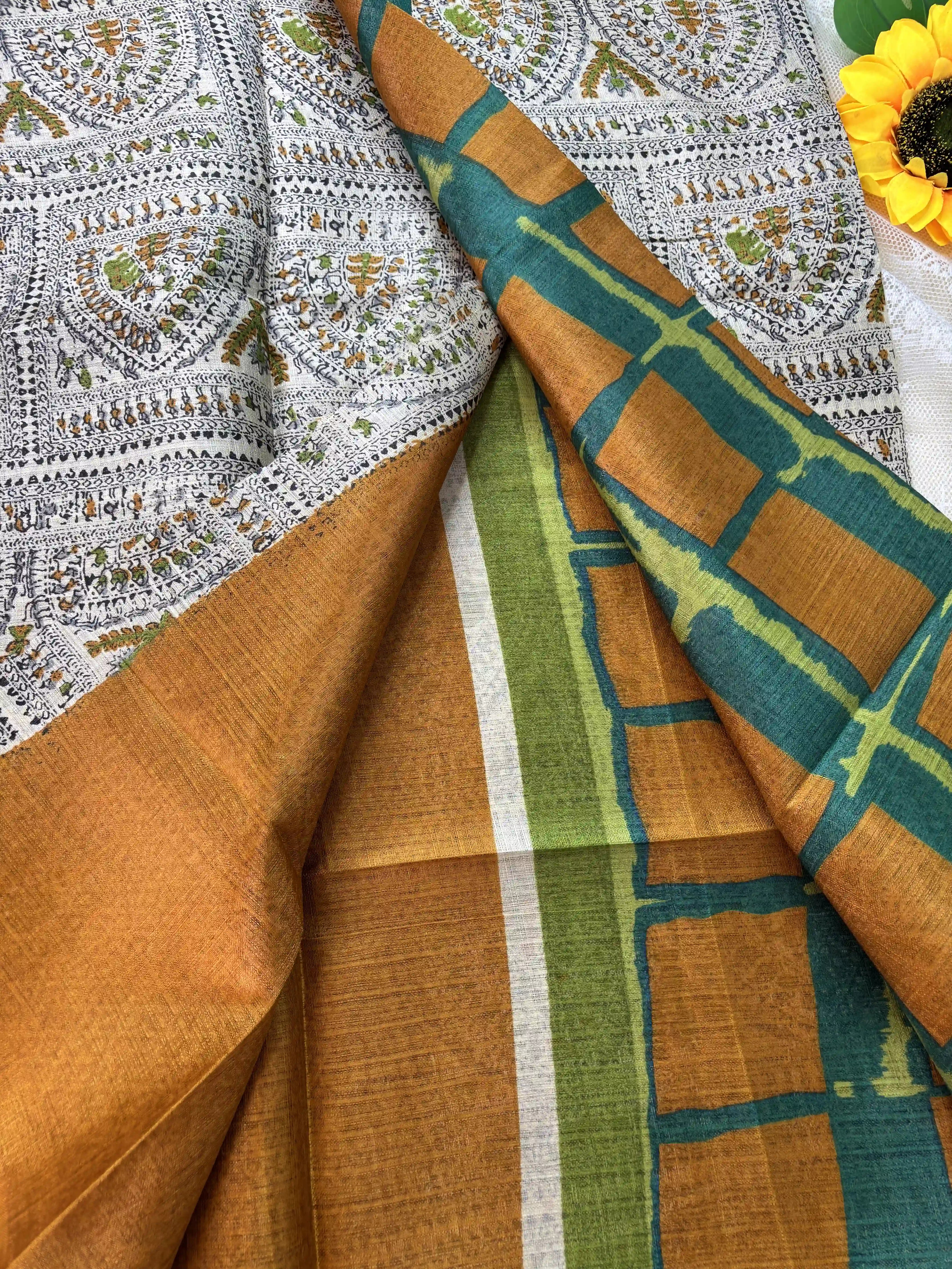 Multicolor Digital Warli Print Khadi Silk and Mustard Yellow Solid color border with square block print pallu
