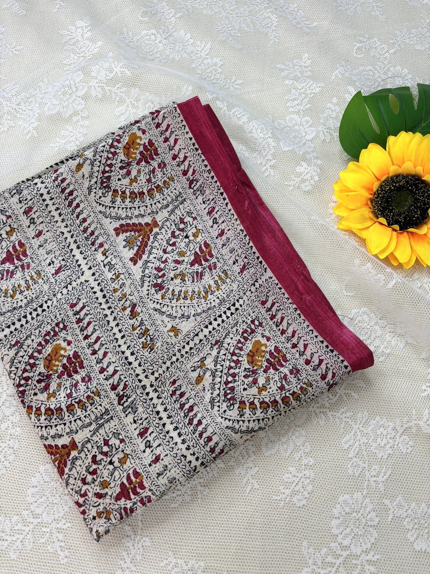 Multicolor Digital Warli Print Khadi Silk and Pink Solid color border with square block print pallu