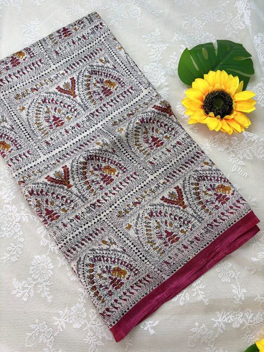 Multicolor Digital Warli Print Khadi Silk and Pink Solid color border with square block print pallu