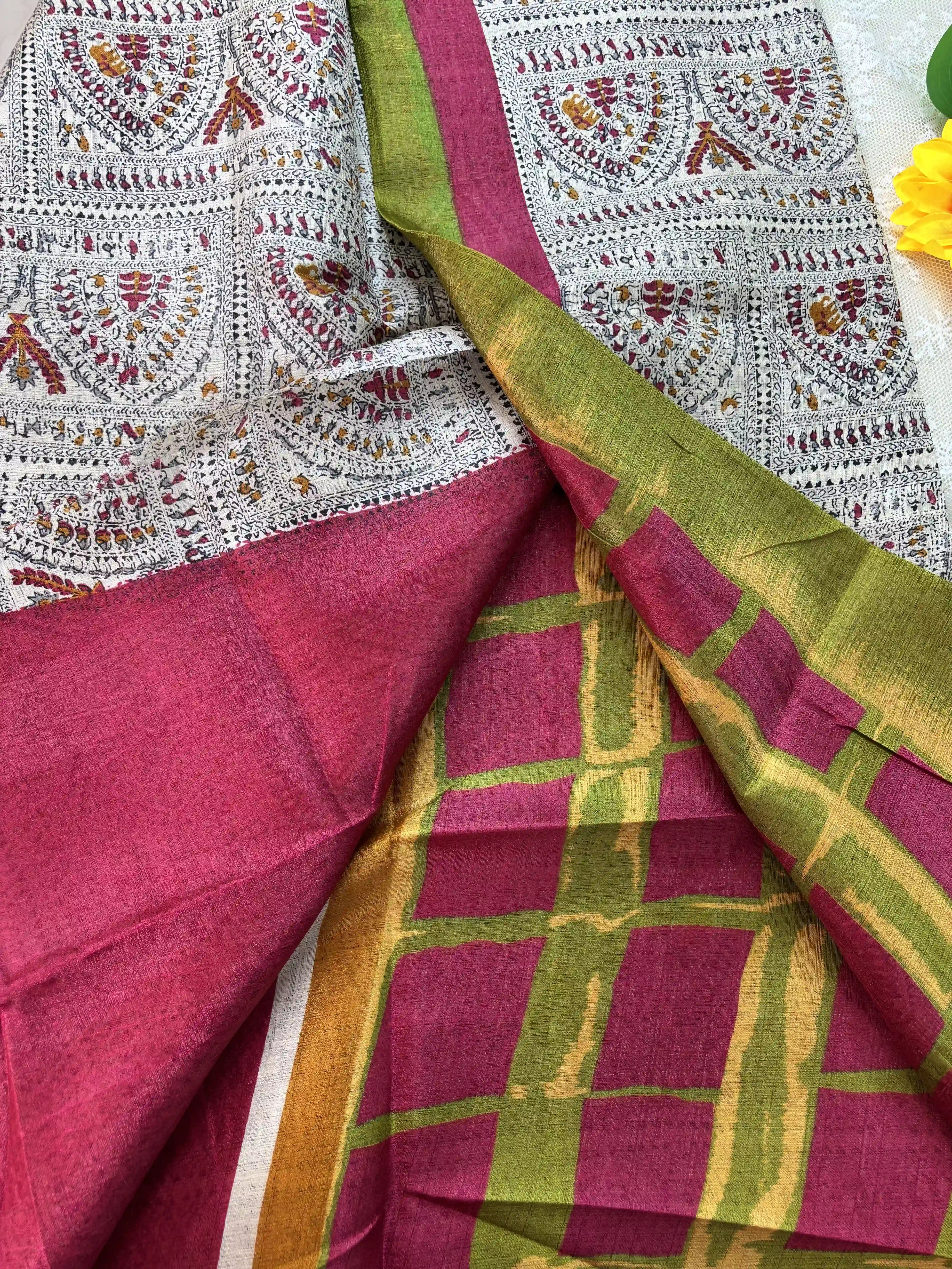 Multicolor Digital Warli Print Khadi Silk and Pink Solid color border with square block print pallu