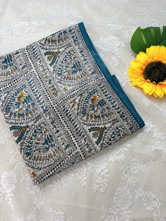 Multicolor Digital Warli Print Khadi Silk and Blue Solid color border with square block print pallu