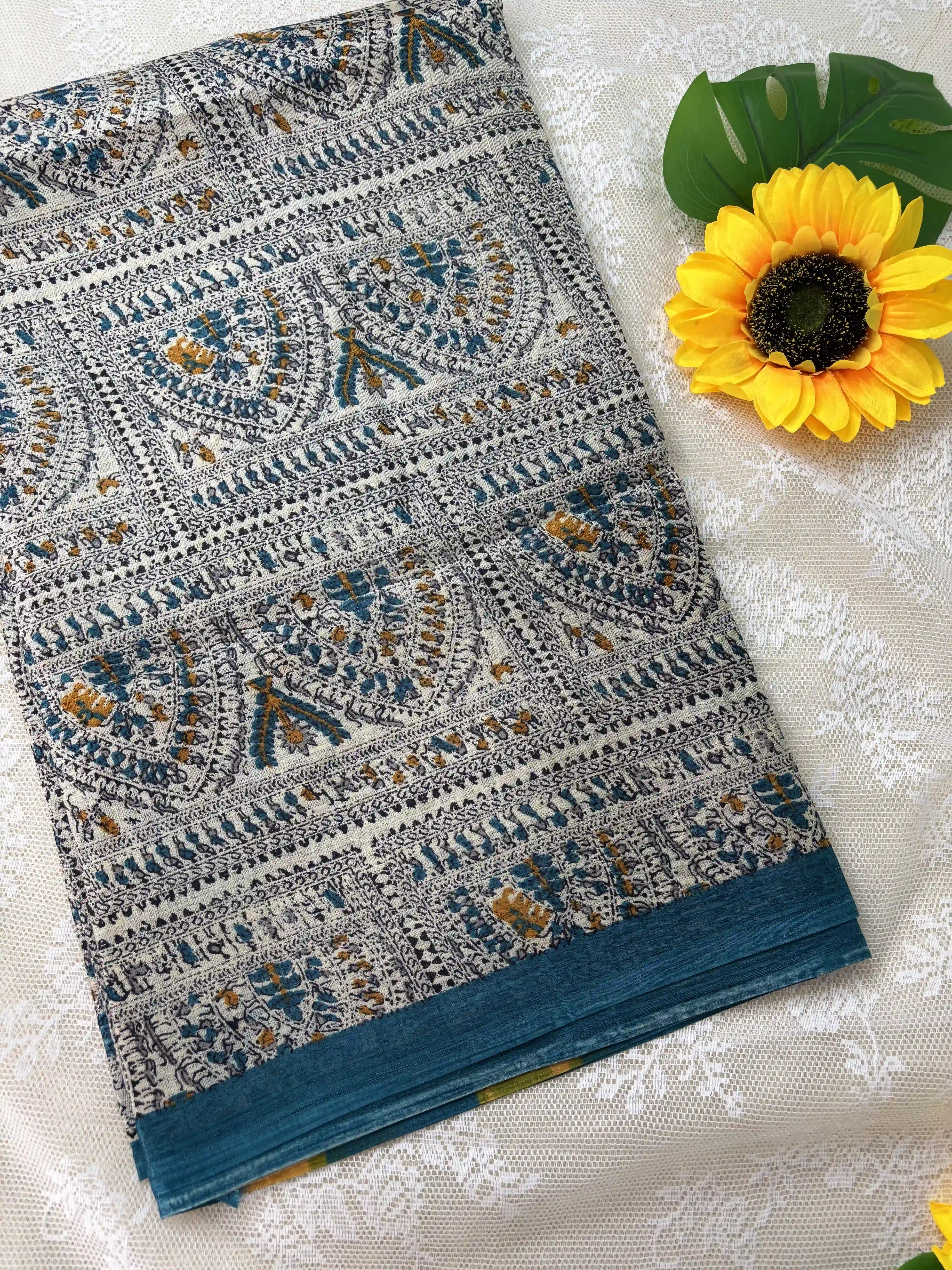 Multicolor Digital Warli Print Khadi Silk and Blue Solid color border with square block print pallu