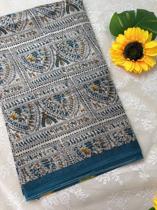 Multicolor Digital Warli Print Khadi Silk and Blue Solid color border with square block print pallu