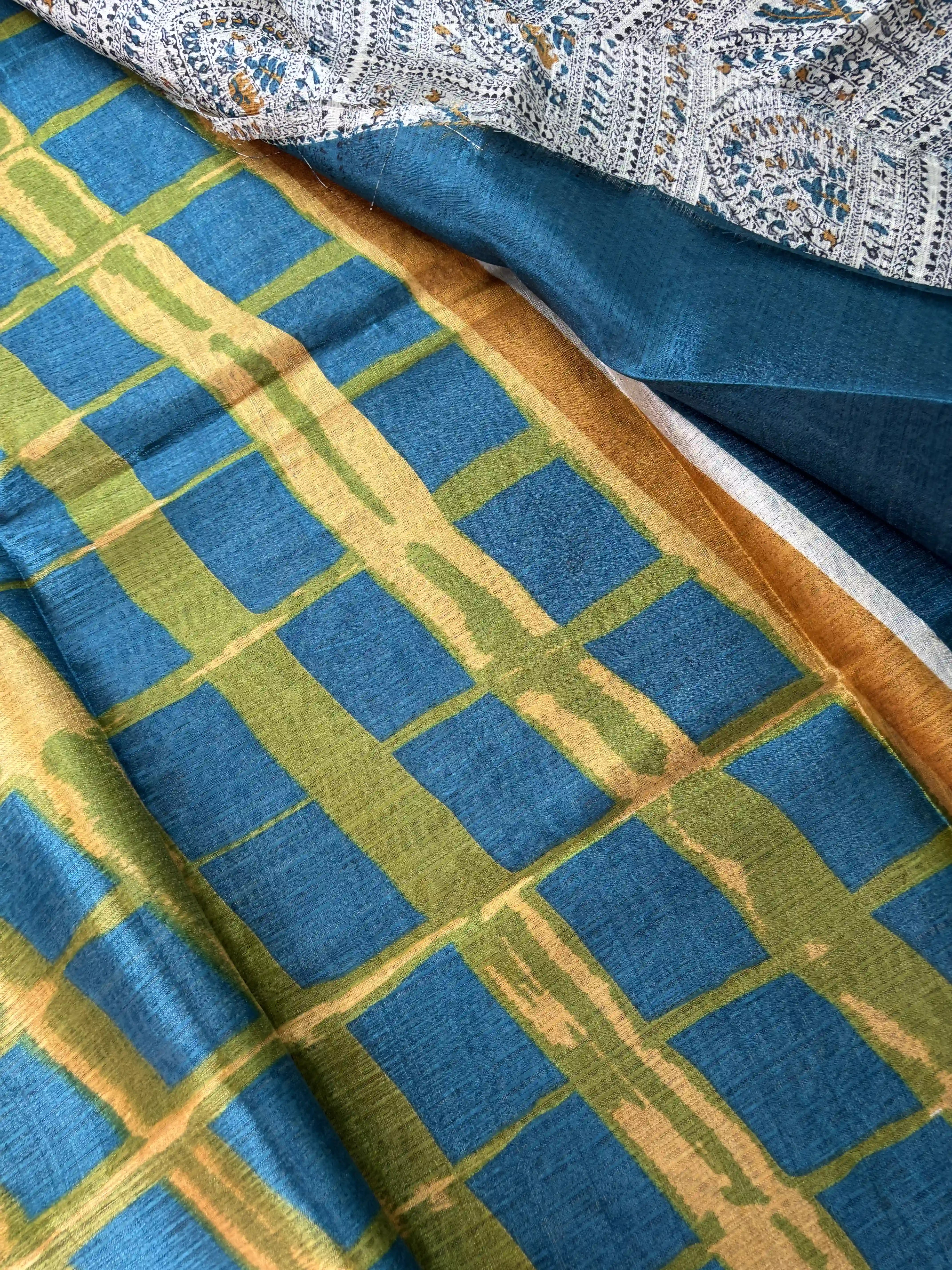 Multicolor Digital Warli Print Khadi Silk and Blue Solid color border with square block print pallu