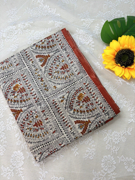 Multicolor Digital Warli Print Khadi Silk and Red Solid color border with square block print pallu