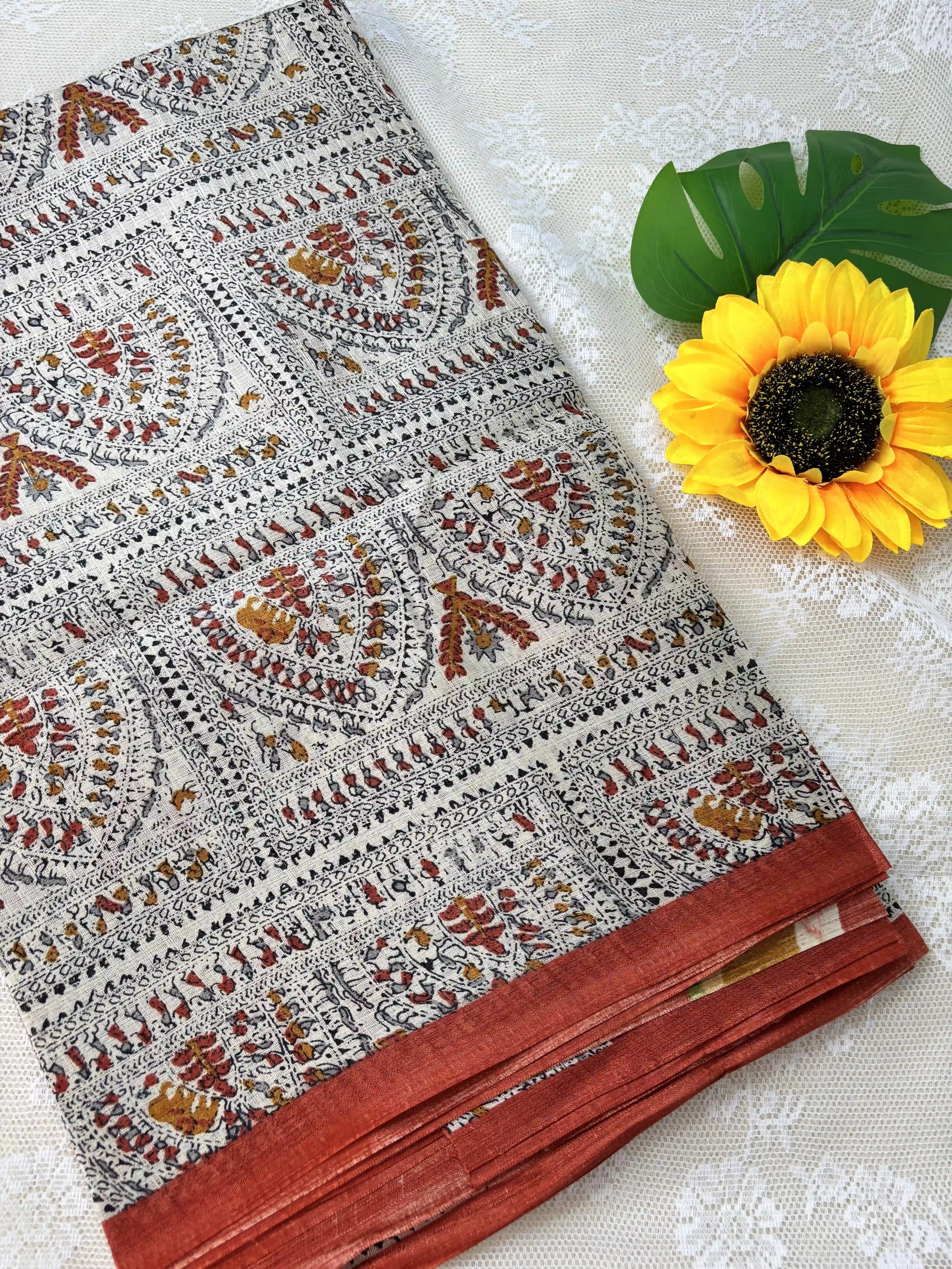Multicolor Digital Warli Print Khadi Silk and Red Solid color border with square block print pallu