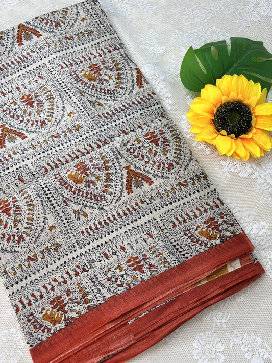 Multicolor Digital Warli Print Khadi Silk and Red Solid color border with square block print pallu