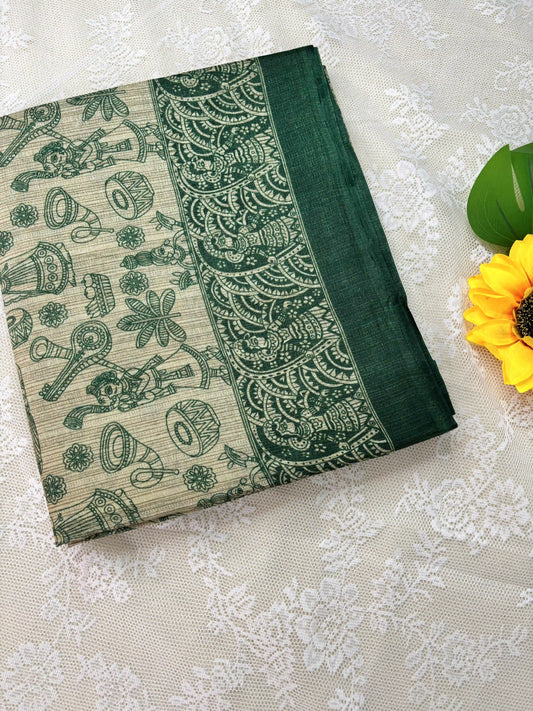 Green Malabar Silk Saree with Warli Print Body and Marble pattern Border and pallu